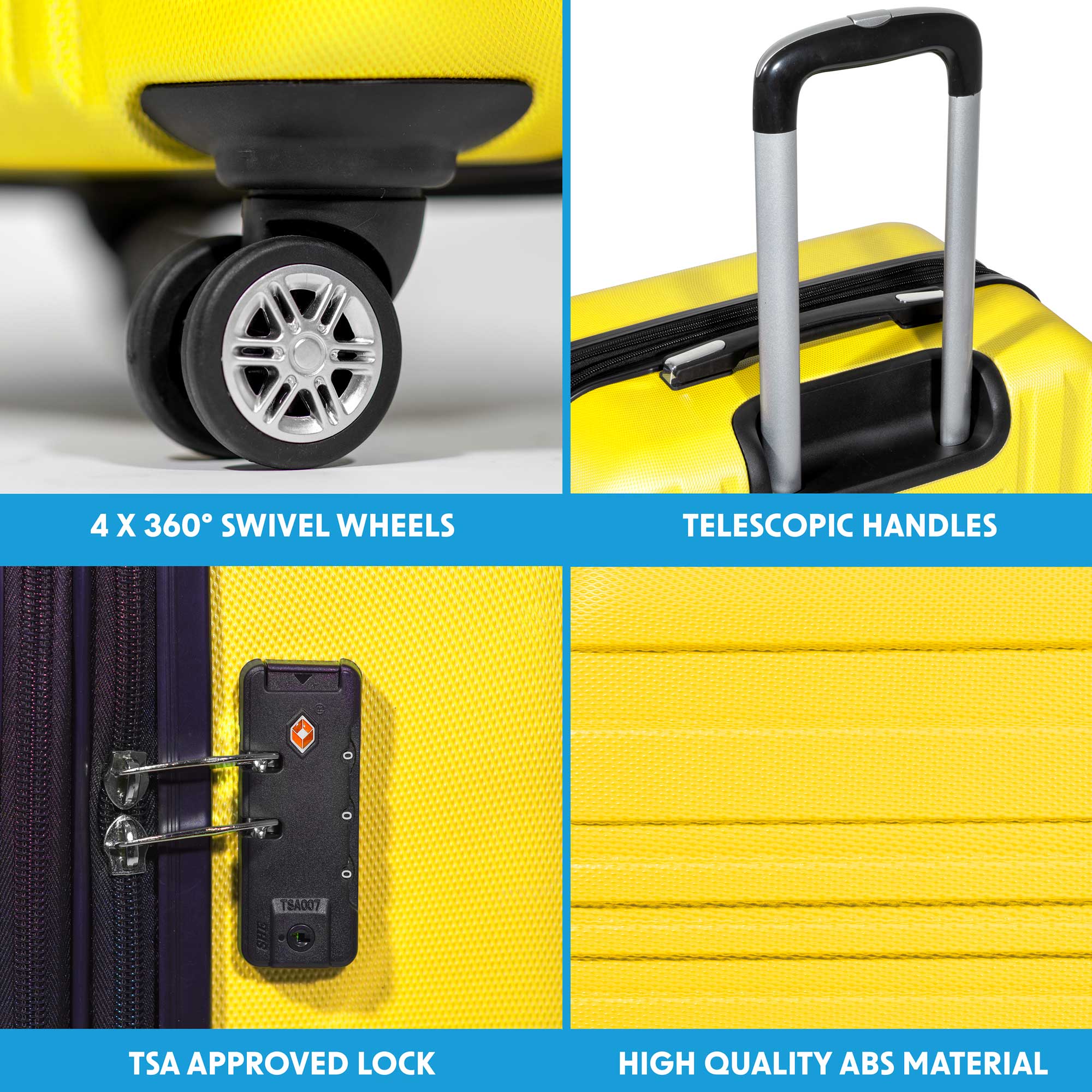 3-Piece Lightweight ABS Luggage Set with TSA Lock - Yellow (DL124) - Perfect for Travel, Business Trips & Vacations