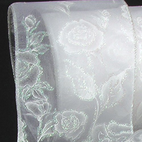 Sheer White Wedding Rose Wired Craft Ribbon - 2 Inch x 20 Yards Bulk Roll for DIY Floral Arrangements, Gift Wrapping, Wedding Decorations & Party Crafts