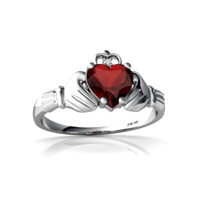 14Kt White Gold Garnet and Diamond 6mm Heart Claddagh Ring - Size 5 | Irish Love & Friendship Jewelry for Women, Perfect for Valentine's Day, Anniversary & Wedding Gifts