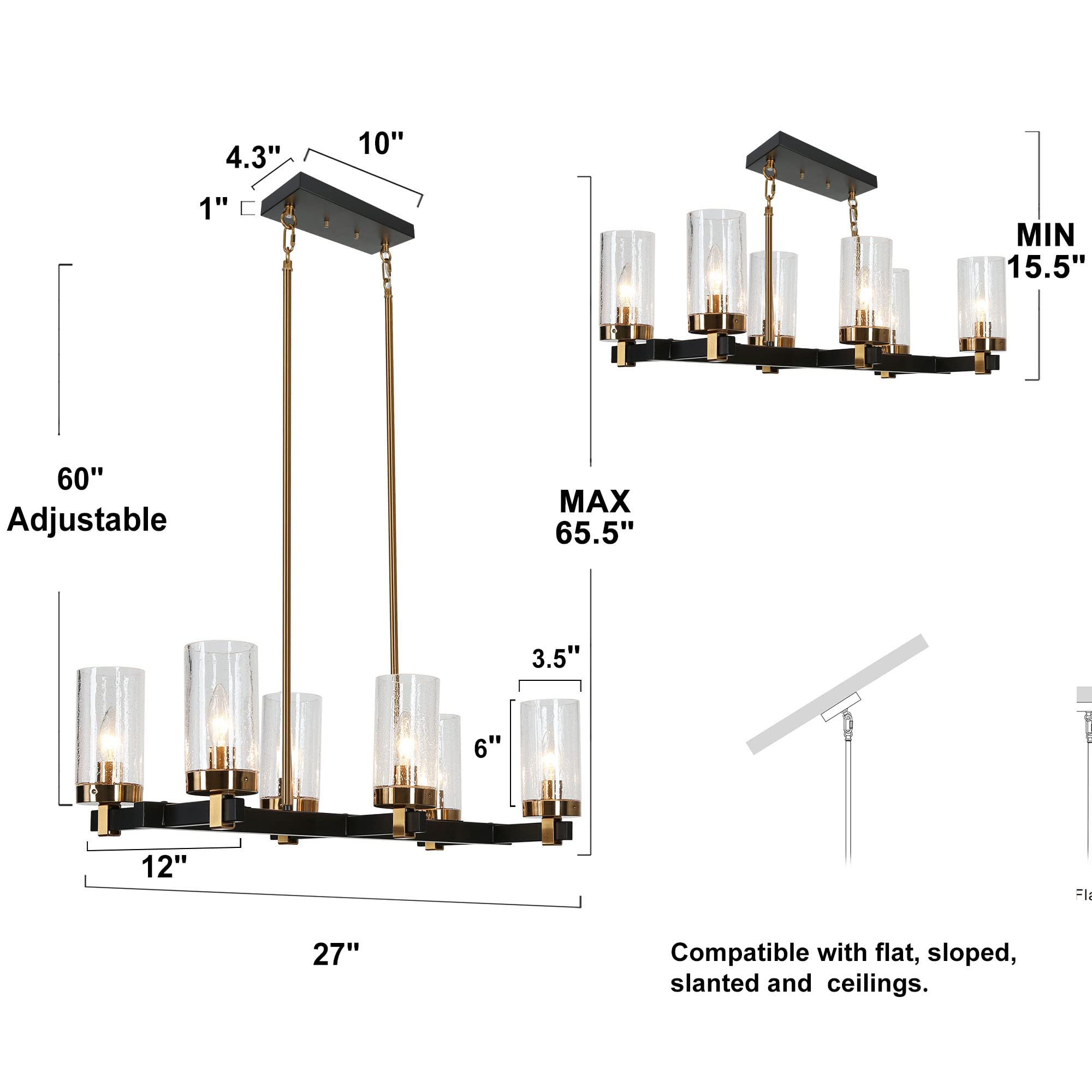 ZEVNI 6-Light Black Gold Modern Chandelier with Seeded Glass Shade - 27