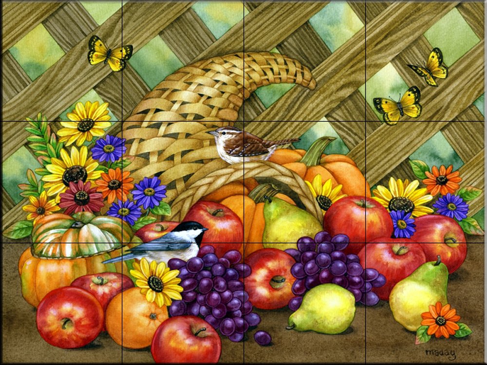 Ceramic Backsplash Tile Mural - Harvest Time Fruit & Vegetable Design by Jane Maday for Kitchen & Bathroom Decor - Perfect for Farmhouse, Rustic, and Vintage Style Homes