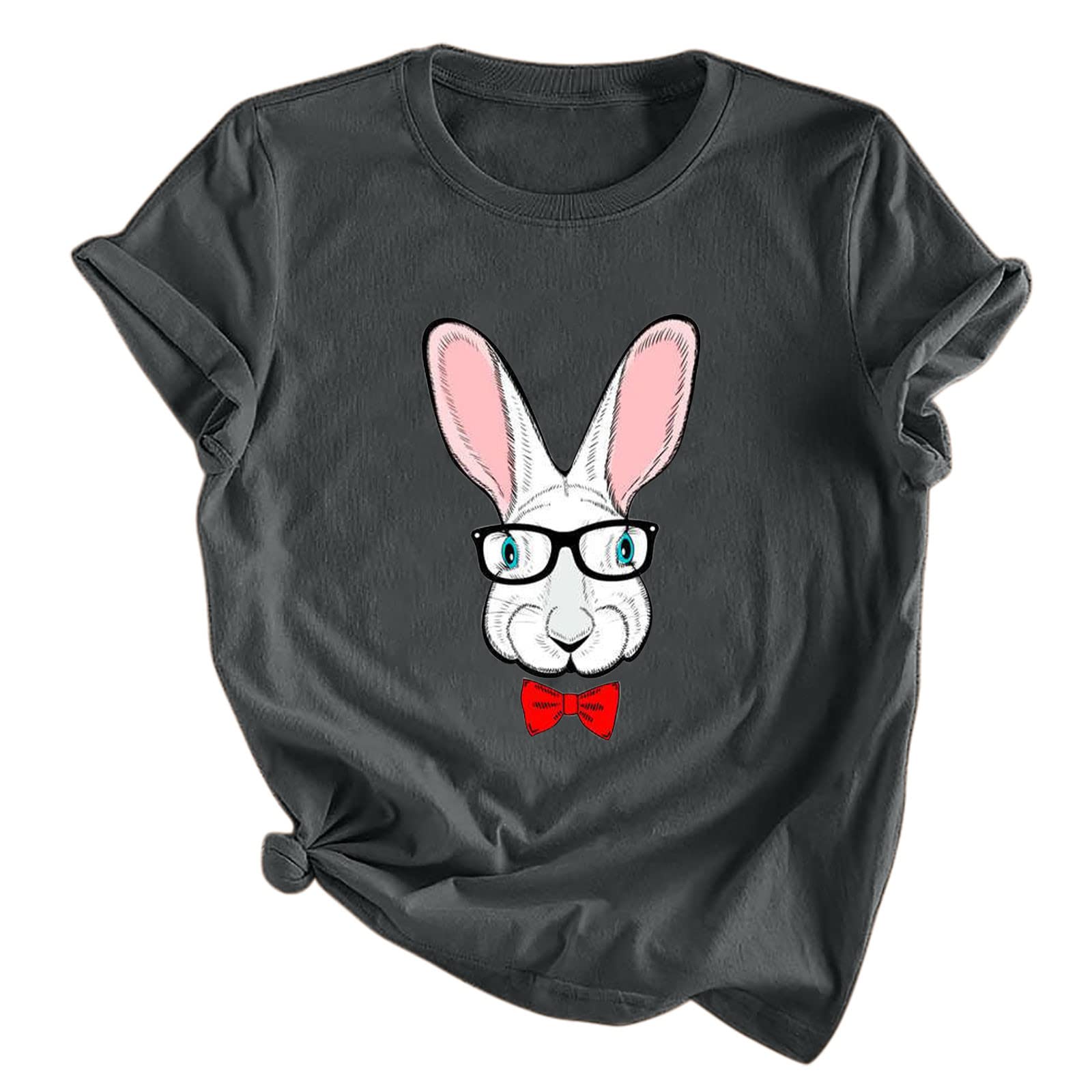 Easter Bunny T-Shirts for Women - Cute Bunny Face Glasses Printed Graphic Tees, Crewneck Short Sleeve Summer Tops | Perfect for Easter Celebrations, Spring Outfits & Casual Wear