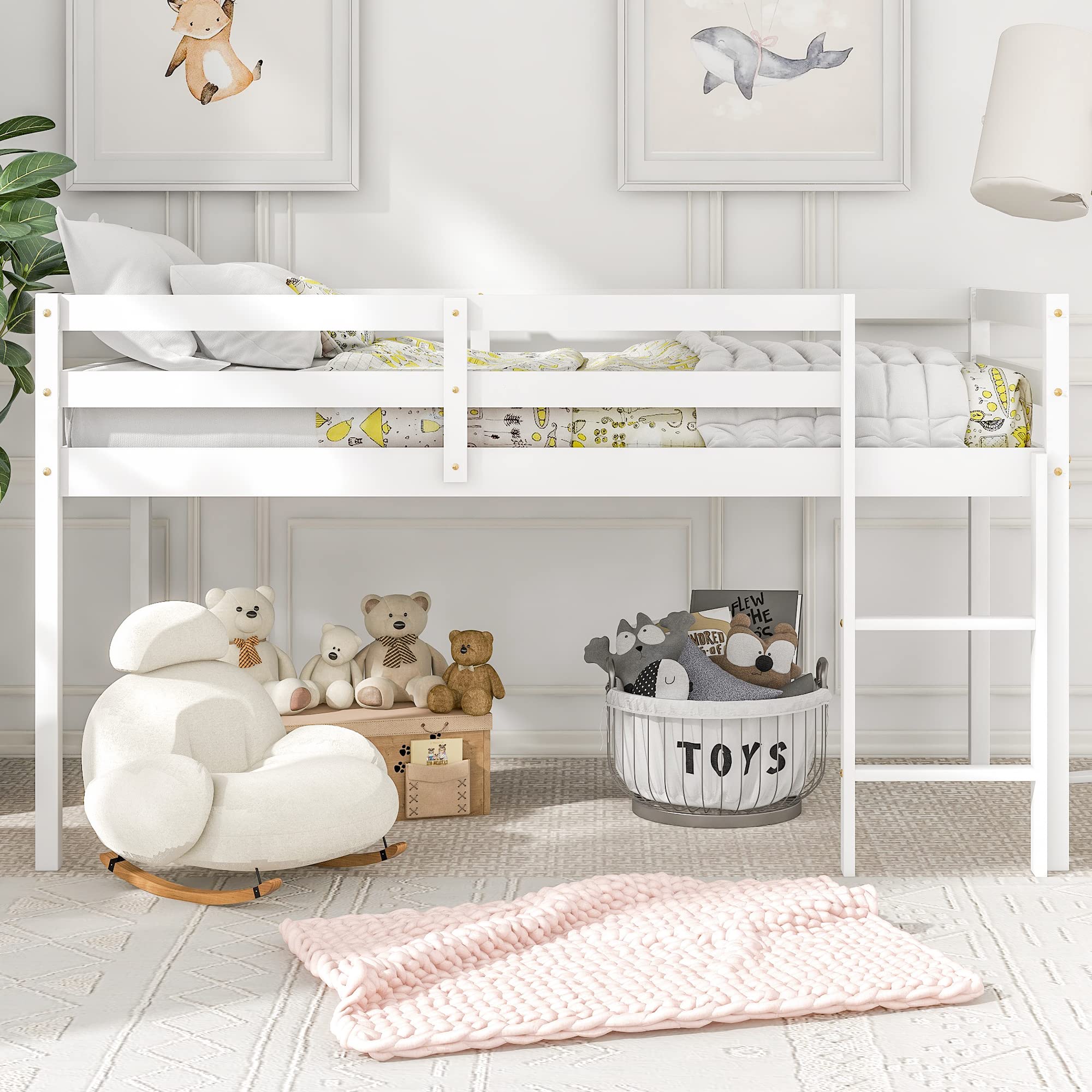 **Solid Wood Twin Loft Bed Frame with Guard Rail & Ladder - No Box Spring Needed, Easy Assembly (White) - Perfect for Kids' Rooms, Dorms & Small Spaces**