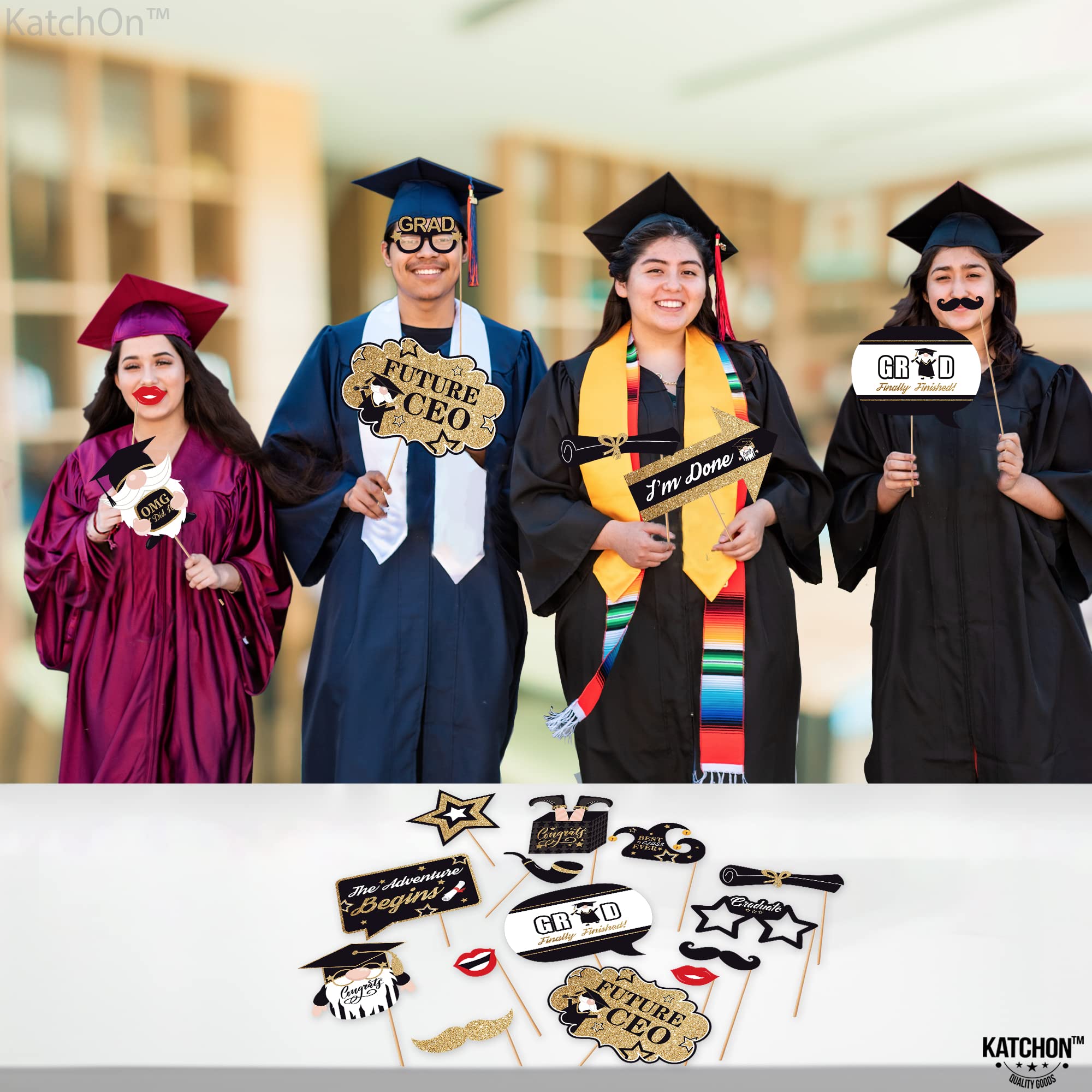 KatchOn Graduation Photo Booth Props 2024 - 25 Pack Black & Gold Class of 2025 Decorations | Perfect for Graduation Parties, Photo Shoots & Commencement Celebrations