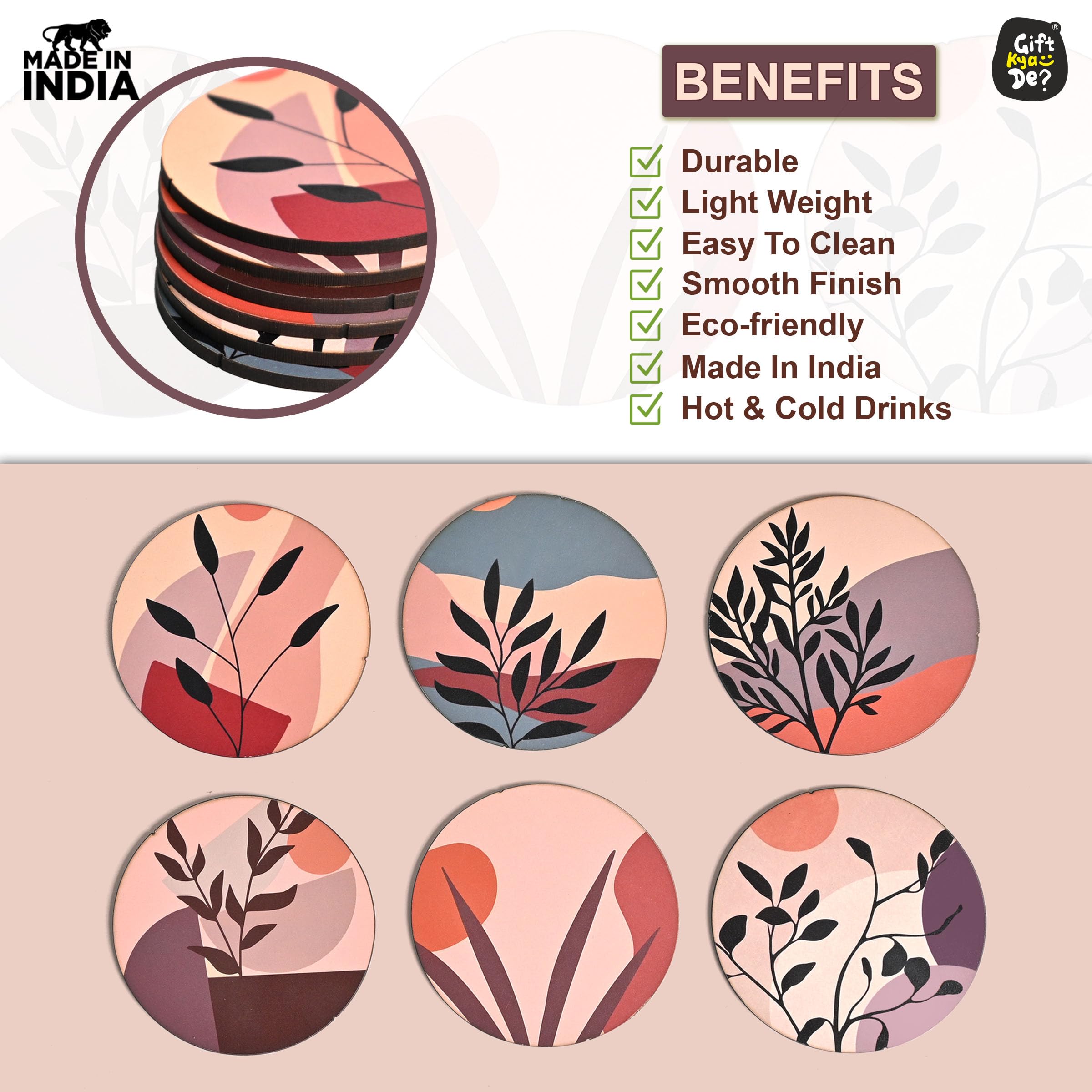 GKD Set of 6 Modern Art Wooden Coasters - 3.8 x 3.8 Inch Eco-Friendly Drink Coasters for Coffee, Tea & Glasses - Perfect for Home, Office & Restaurant Use