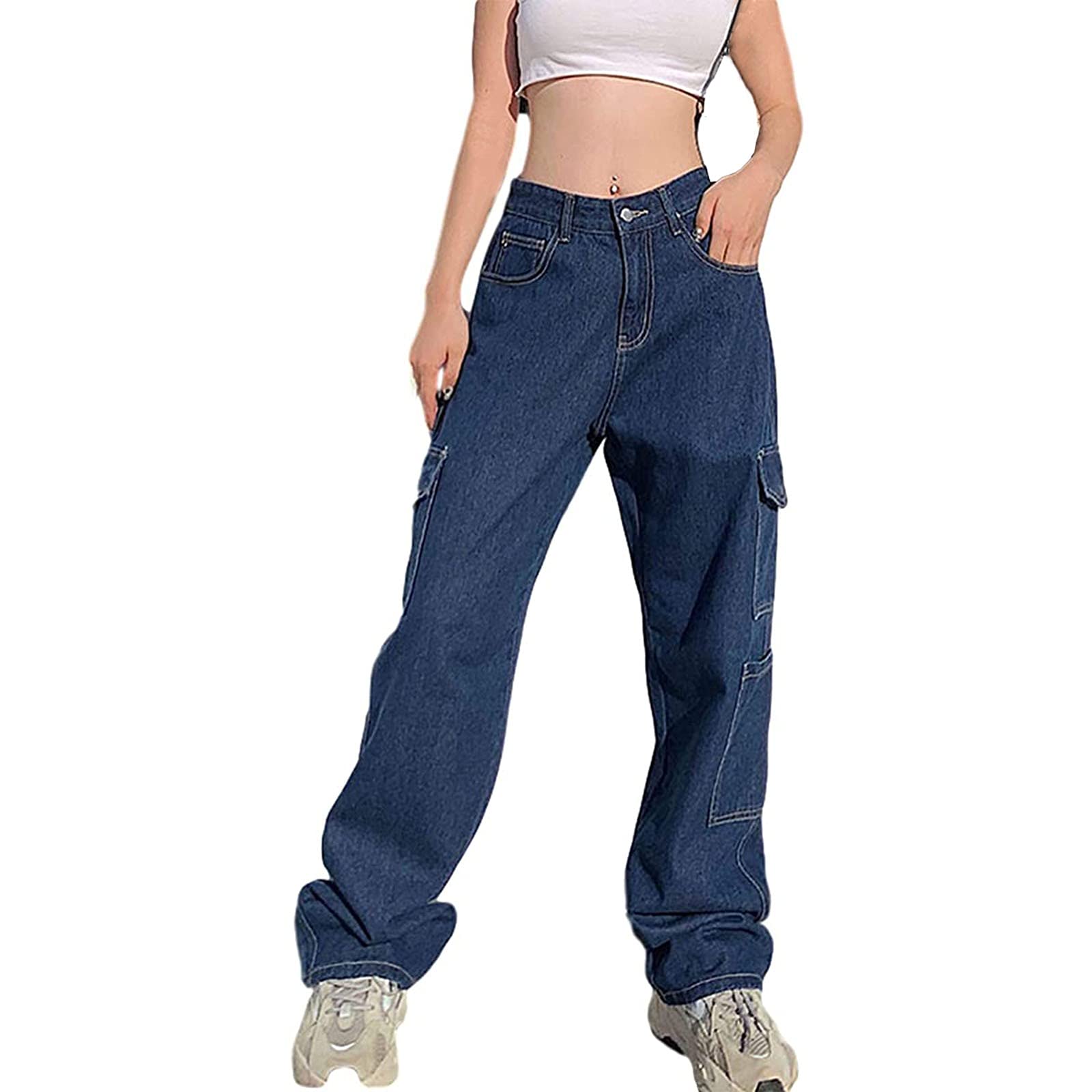 Y2K High Waist Cargo Jeans for Women - Relaxed Fit & Flap Pockets for Casual Wear