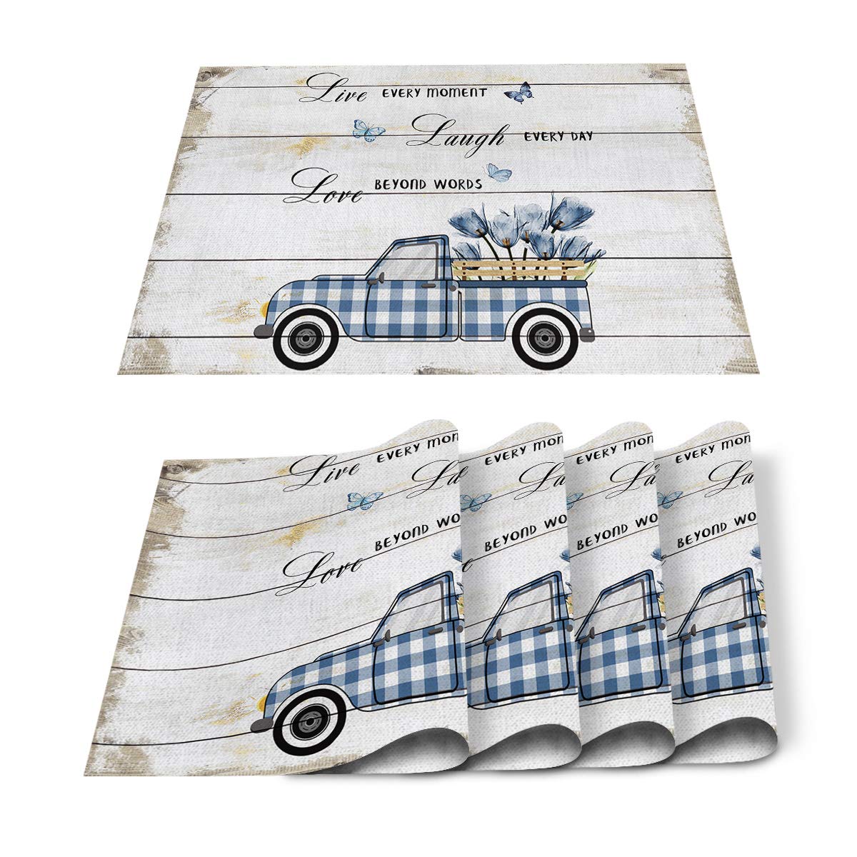 Blue Check Plaid Truck with Tulips Placemats Set of 4 - 12x18 Inch Rustic Farmhouse Style Kitchen Dining Table Mats - Easy Clean Burlap Linen - Perfect for Country Kitchen, Picnics & Holiday Decor
