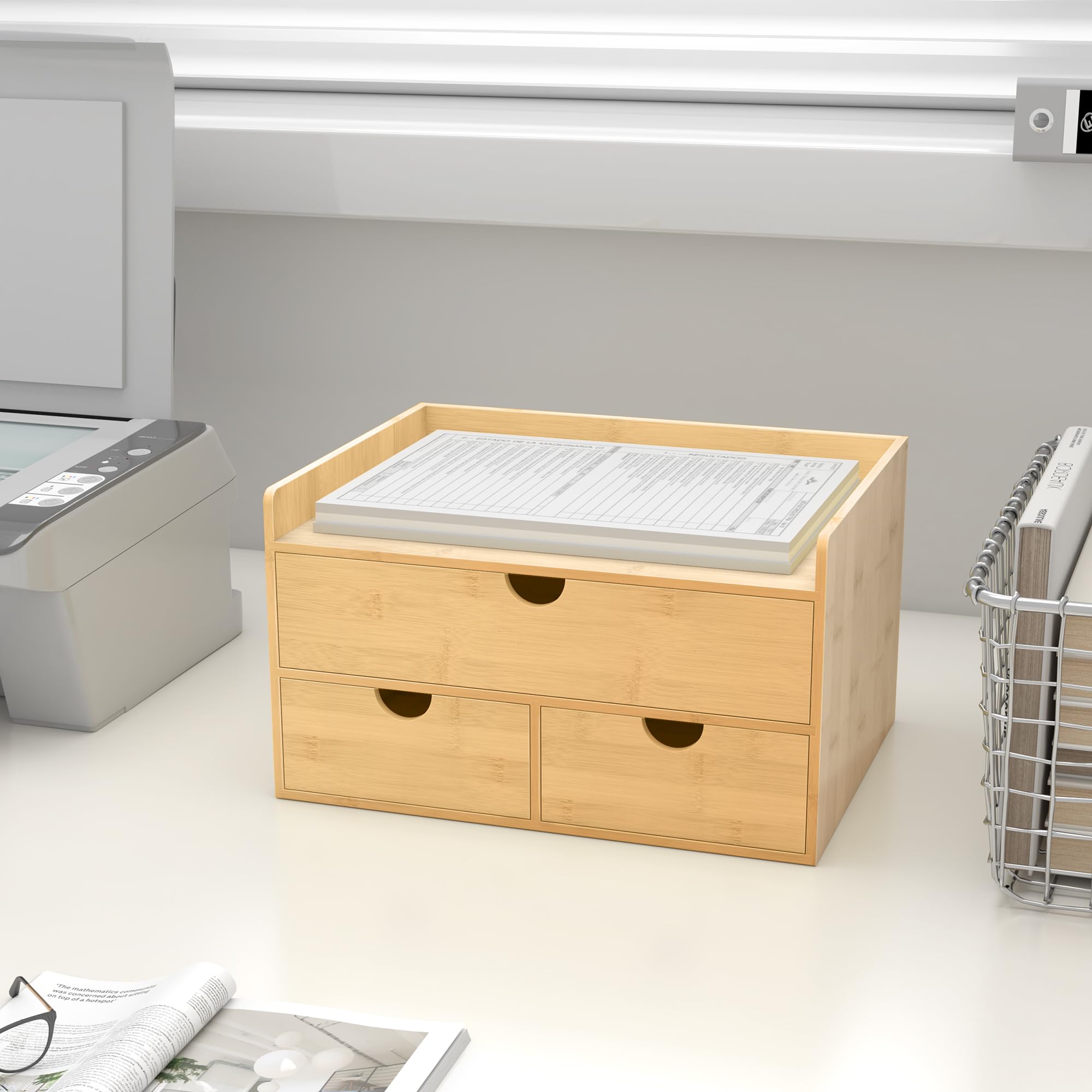 Wisuce Bamboo Desk Drawer Organizer - Large 3-Drawer Desktop Storage Box with Shelf for Office, Home & Vanity | No Assembly Required | Perfect for Organizing Stationery, Makeup & Toiletries Supplies