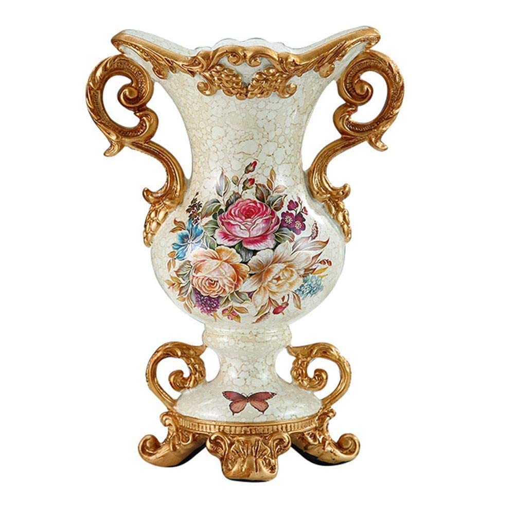 European Style Retro Resin Large Flower Vase - Hand-Painted Tall Decorative Vase (22×30.5×15.5cm) White for Living Room, Dining Table, Bedroom, Office & Hotel Decor | Perfect Centerpiece for Home & Wedding Decorations