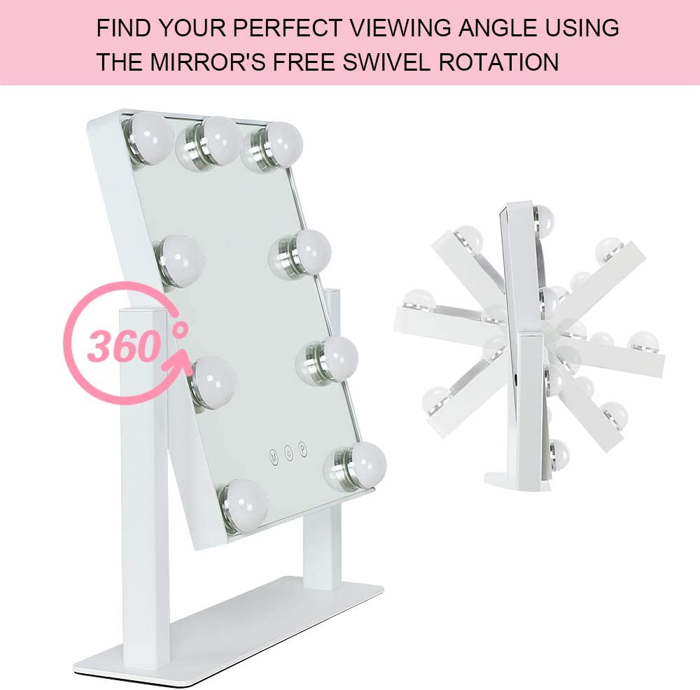 Depuley 14 x 12 Inch Hollywood Vanity Mirror with Lights - 10X Magnification, 9 Dimmable LED Bulbs, Touch Screen & 360° Rotation - White Makeup Mirror (35 x 30 cm) for Bedroom, Dressing Room & Beauty Salon