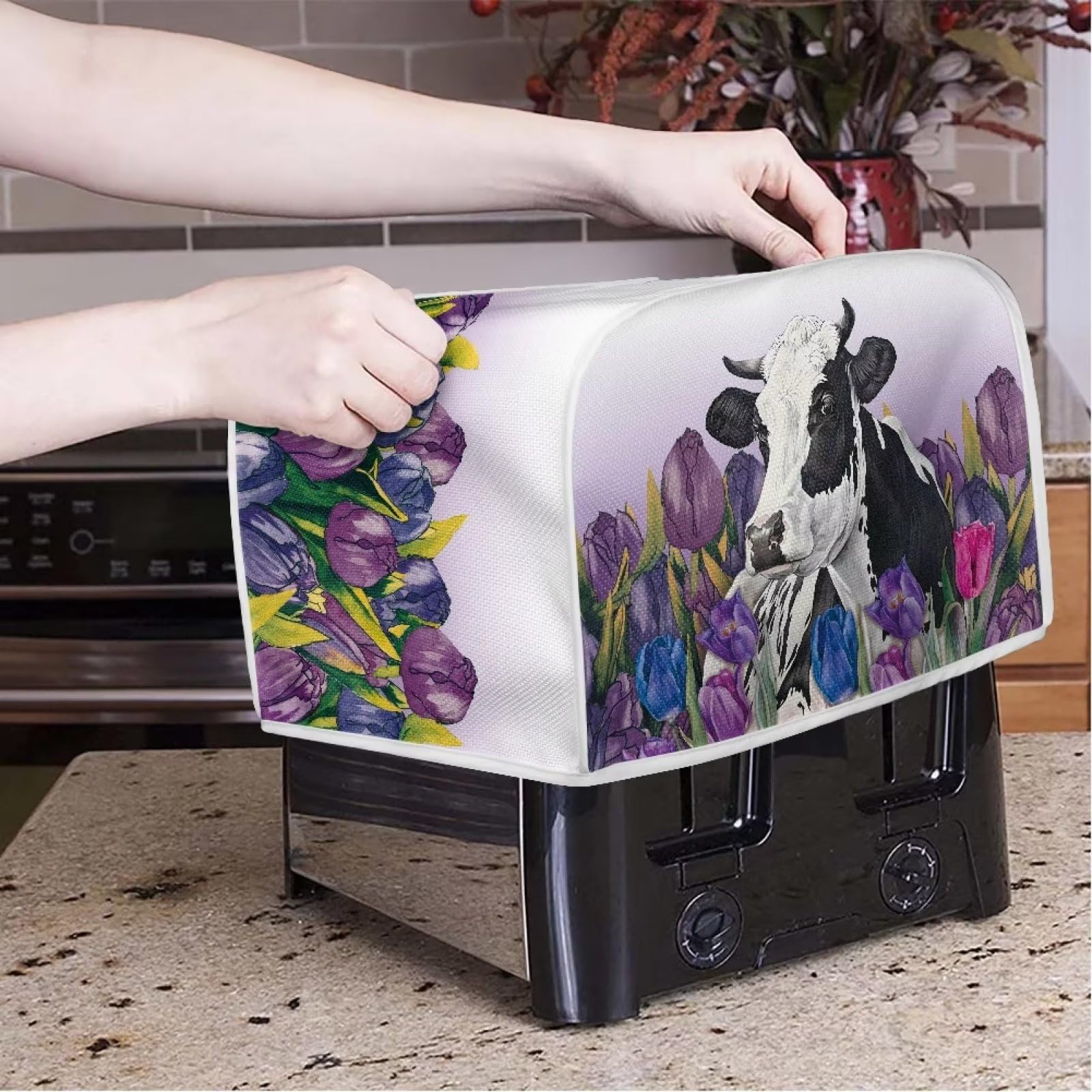 Tulip Cow Print Toaster Cover - 2 Slice Wide Slot Kitchen Appliance Protector - Durable Bread Maker Cover with Zipper - Fingerprint Resistant - Perfect Gift for Women - Ideal for Modern Kitchens, Breakfast Nooks & Home Decor