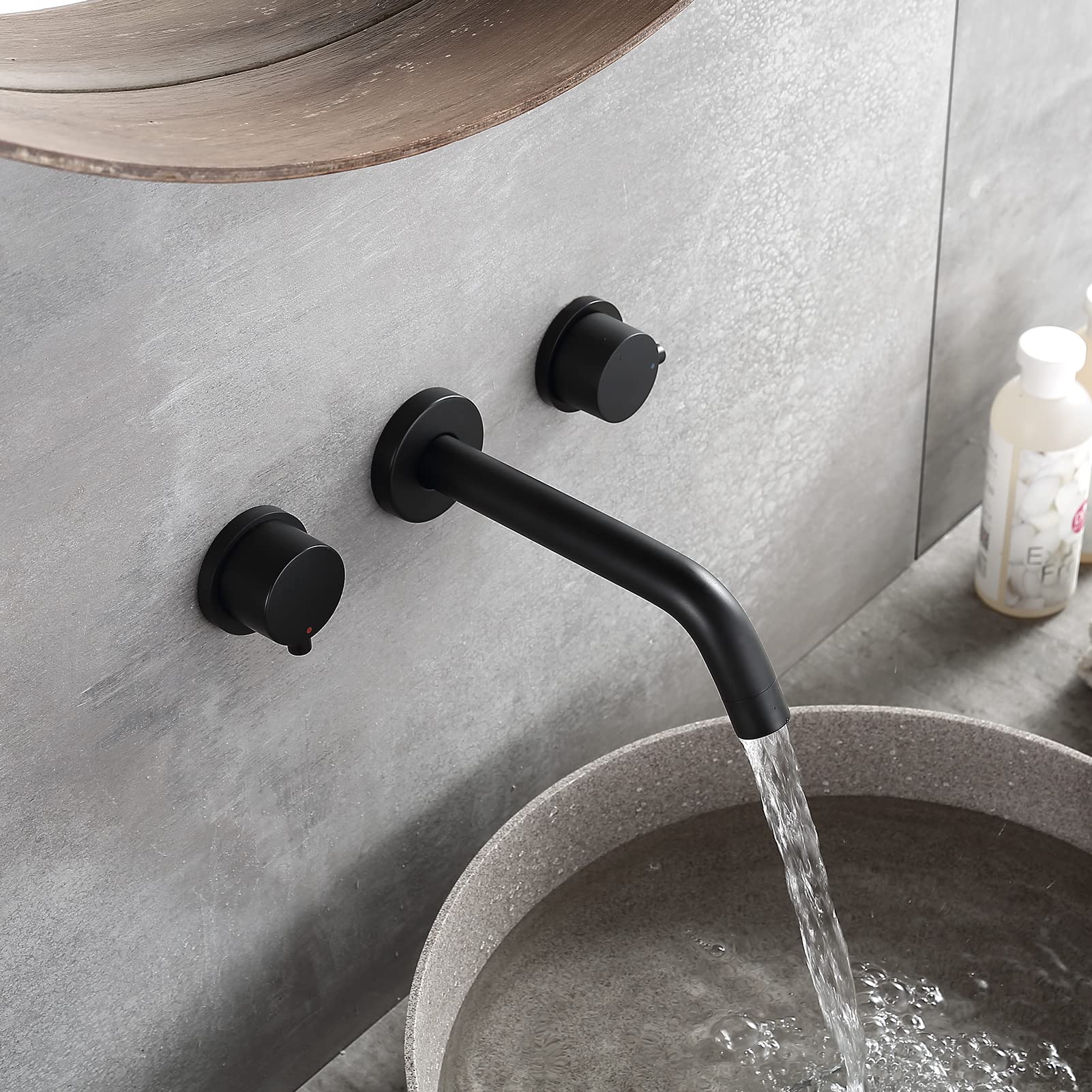 Black Wall Mount Faucet - Double Handle 3 Hole Bathroom Sink Faucet with Rough-in Valve - Perfect for Modern Lavatory Basins and Tub Installations