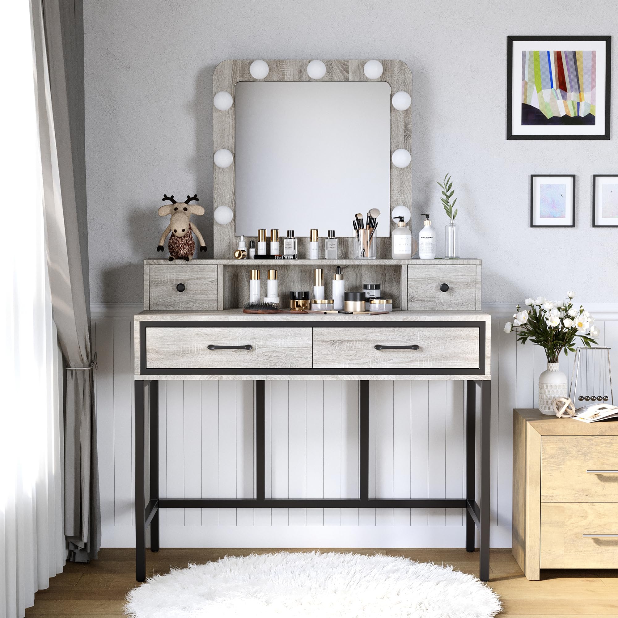 Sunvivi Vanity Makeup Desk with 3-Color Dimmable LED Hollywood Mirror, Grey Dressing Table with 4 Drawers & Stool - Large Vanity Set for Women & Girls | Perfect for Bedroom, Bathroom & Beauty Salon Makeup Application