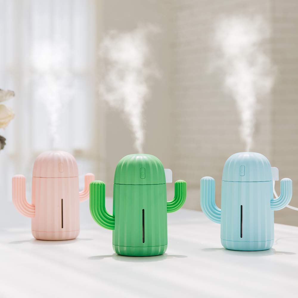 Mini Humidifier with Night Light - Portable Cactus Air Humidifier for Yoga, Office, Spa, Bedroom & Baby Room | Small Room Humidifier with Silica Gel Diffuser (Blue) - Perfect for Dry Air Relief in Home, Nursery & Workspaces