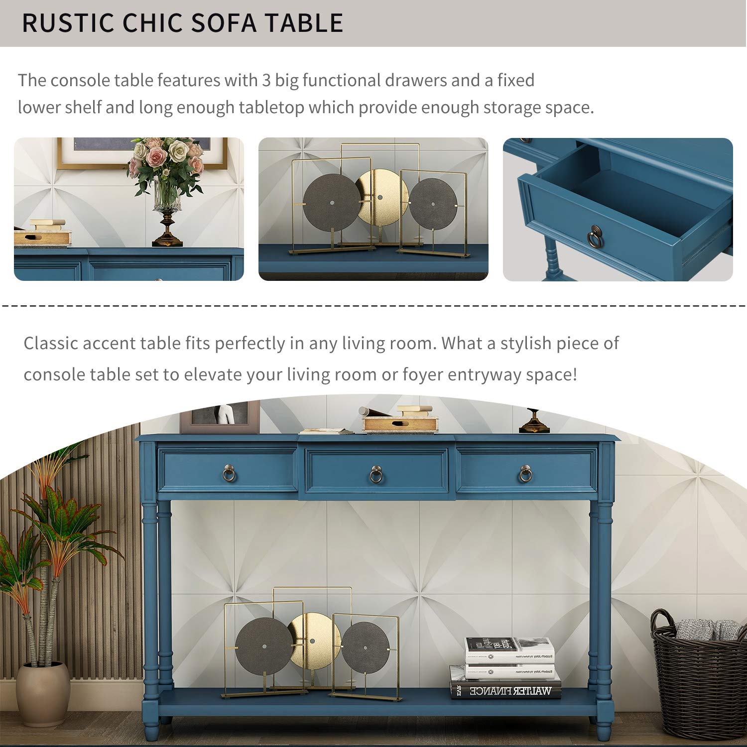 Rustic Wood Console Table with 3 Storage Drawers & Bottom Shelf - Sofa Table for Living Room, Entryway, Hallway - Easy Assembly Farmhouse Style Furniture (Antique Navy) - Perfect for Small Spaces, Behind Couch, or as Entryway Decor