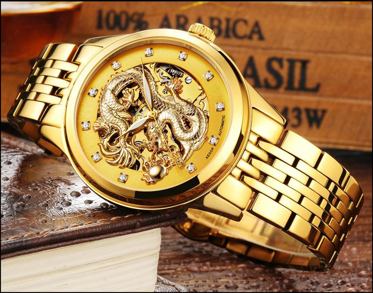 MASTOP Men's Luxury Automatic Mechanical Watch - Dragon Collection with Carved Skeleton Dial, Waterproof, Gold Stainless Steel | Perfect for Business, Formal Events & Gift Giving