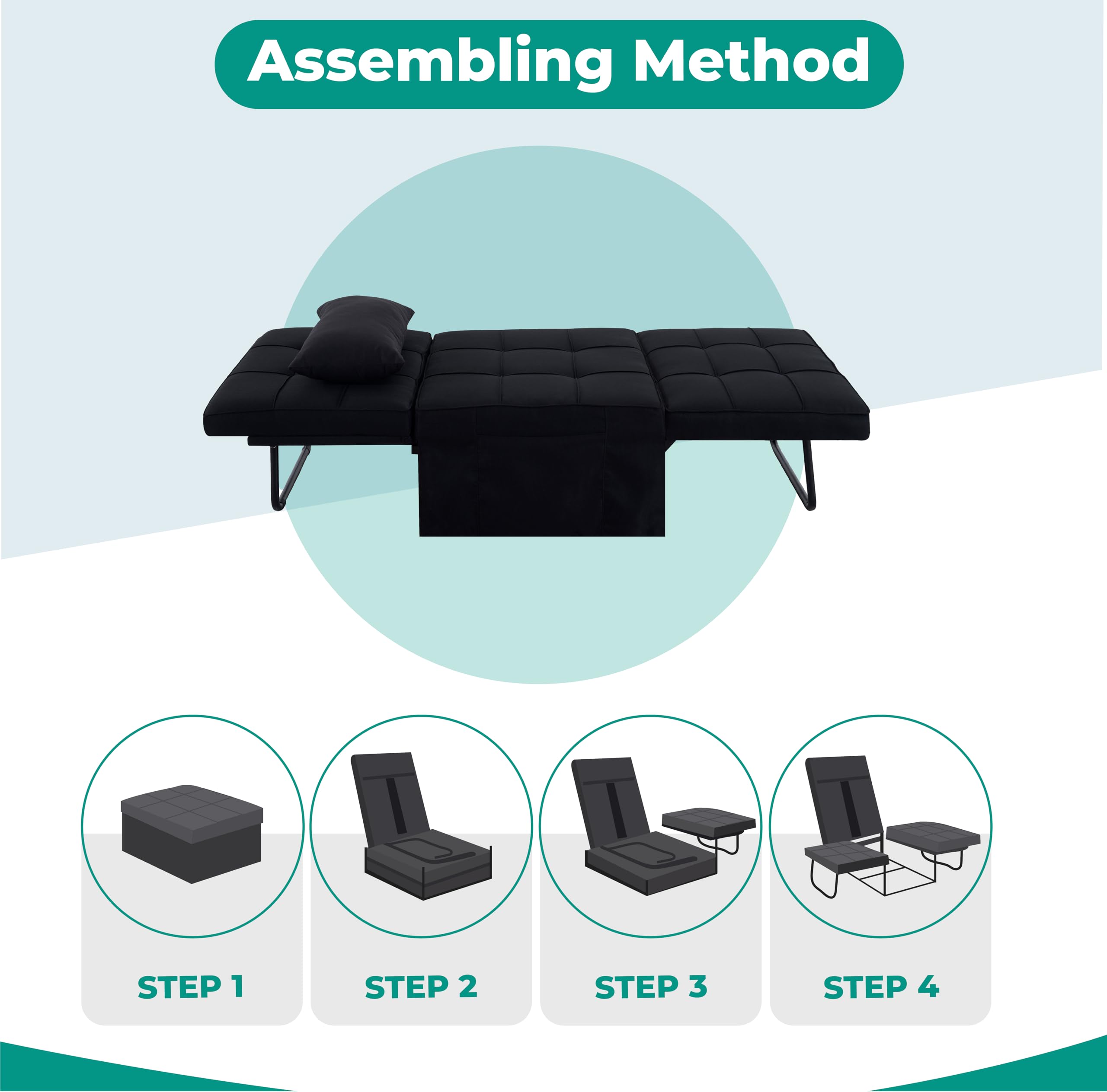 4-in-1 Convertible Sleeper Chair Bed with Adjustable Backrest - Breathable Linen Ottoman Sofa Bed for Living Room, Guest Room & Small Spaces - Modern Multi-Functional Furniture (Black)