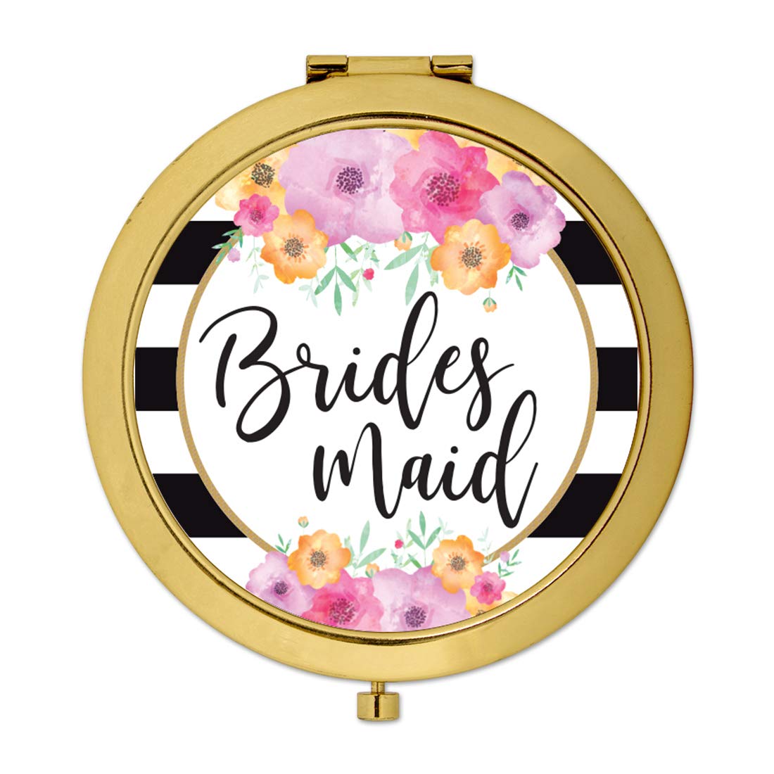 Andaz Press Compact Mirror - Elegant Gold Bridesmaid Wedding Gift with Black & White Stripes & Pink Floral Design, 1-Pack - Perfect for Bachelorette Parties, Bridal Showers & Wedding Favors (Great for Makeup Touch-Ups & Travel)