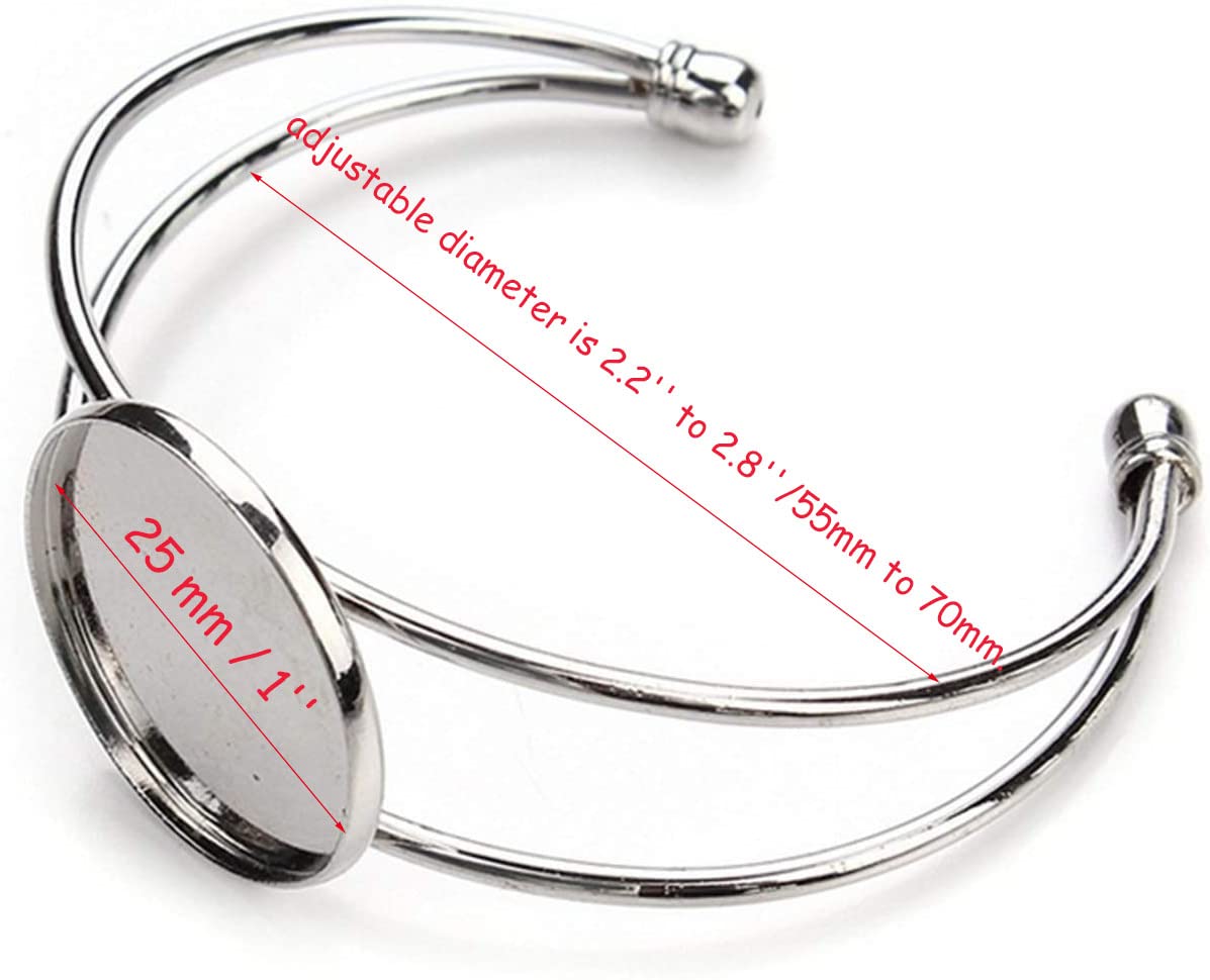 10 Pcs 25mm Adjustable Round Cabochon Bezel Tray Blank Bangle for DIY Jewelry Making - Silver - Perfect for Crafting Bracelets, Earrings & Pendants