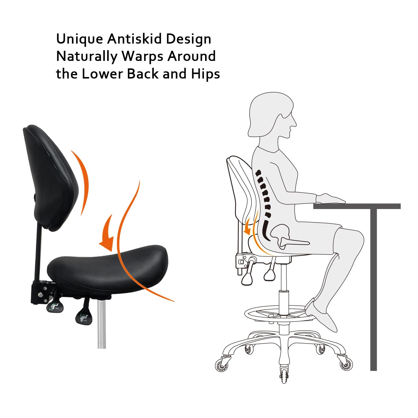 Heavy-Duty Hydraulic Adjustable Saddle Stool with Back Support & Footrest - 350LBS Capacity, Swivel Rolling Chair for Salon, Spa, Massage, Dental Clinic, Home & Office Use (Black) - Perfect for Hair Stylists, Therapists & Long Work Sessions