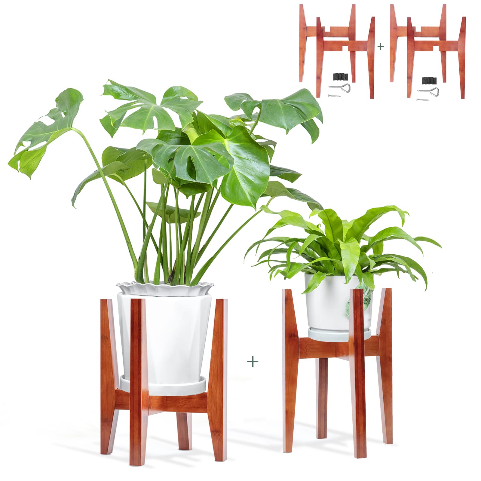 2 Pack Adjustable Bamboo Plant Stand for Indoor Plants - Mid Century Modern Wood Planter Riser for 8-12 Inch Pots - Flippable Solid Wood Flower Pot Holder Display Shelf - Perfect for Living Room, Bedroom & Office Decor - Brown