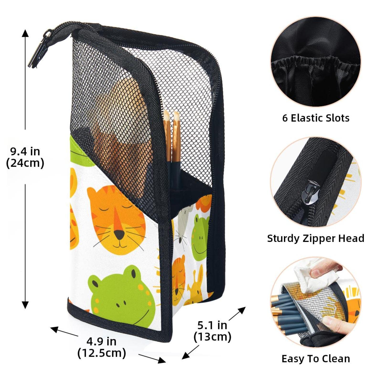12-Piece Cartoon Animal Makeup Brush Organizer Bag - Tiger & Giraffe Design Portable Brush Holder Case | Perfect for Travel, Home Vanity & Professional Makeup Artists