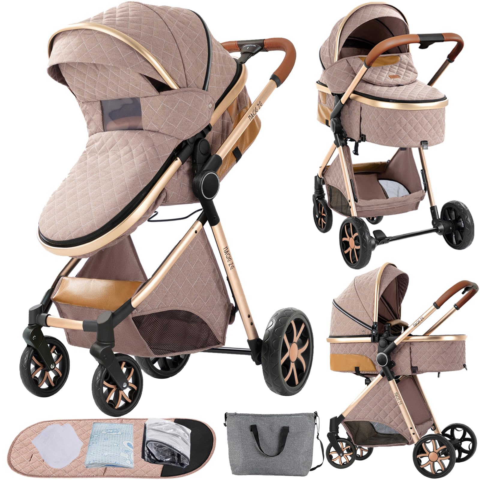 2 in 1 Convertible Baby Stroller with Bassinet - Reversible Standard Pram, Portable Foldable Pushchair & Infant Buggy for Newborn to Toddler | Perfect for Travel, Shopping & Outdoor Walks (Khaki)