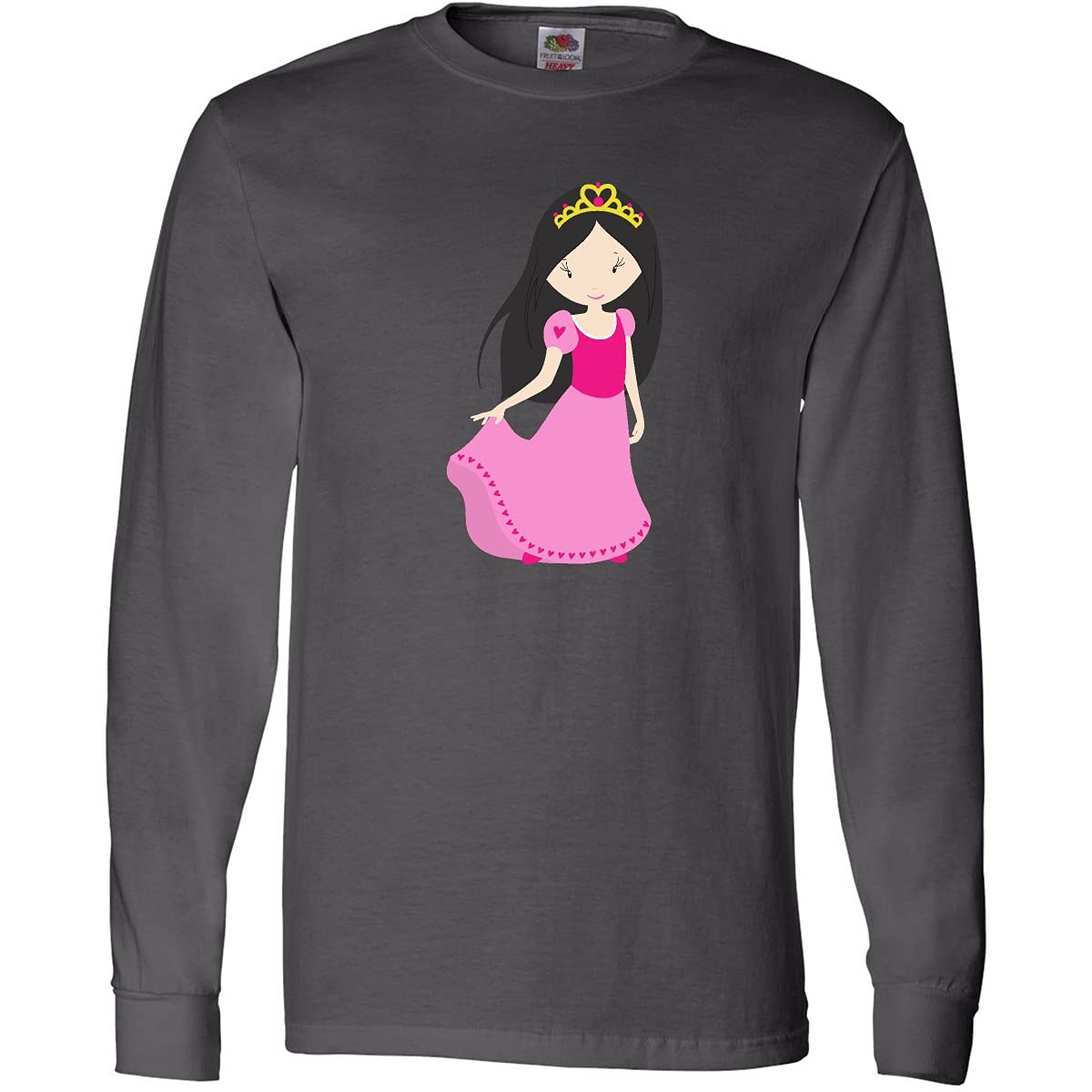 Inktastic Cute Princess T-Shirt with Crown, Black Hair & Pink Dress - Long Sleeve Graphic Tee for Girls - Perfect for Birthday Parties, Dress-Up Play & Everyday Wear