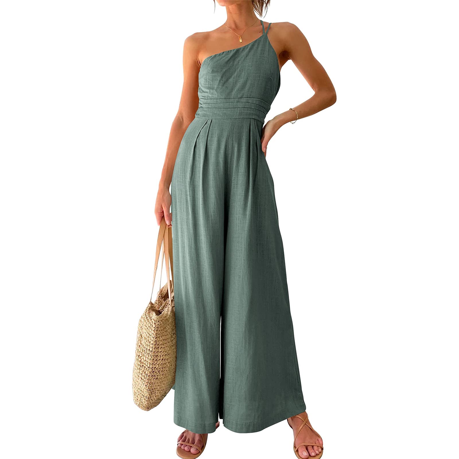 Karwuiio Women's Casual Loose Spaghetti Strap Jumpsuit - One Shoulder Sleeveless Romper with High Waist & Wide Leg | Perfect for Summer Outfits, Beach Vacations, and Casual Streetwear