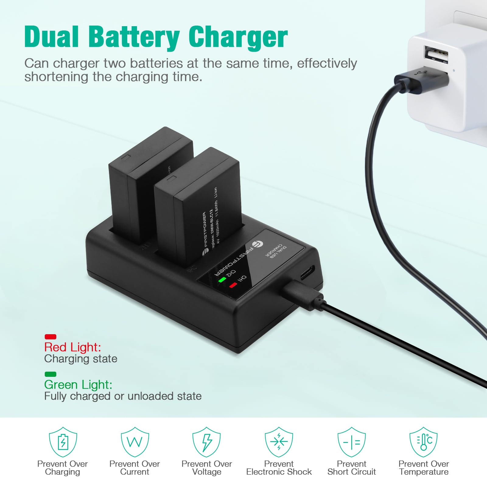 FirstPower DMW-BLC12 Replacement Battery & Dual USB Charger for Panasonic Lumix G7, G85, G95, FZ1000, GH2, G5, G6, GX8, FZ200, FZ300 Digital Cameras - Perfect for Travel, Vlogging & Professional Photography