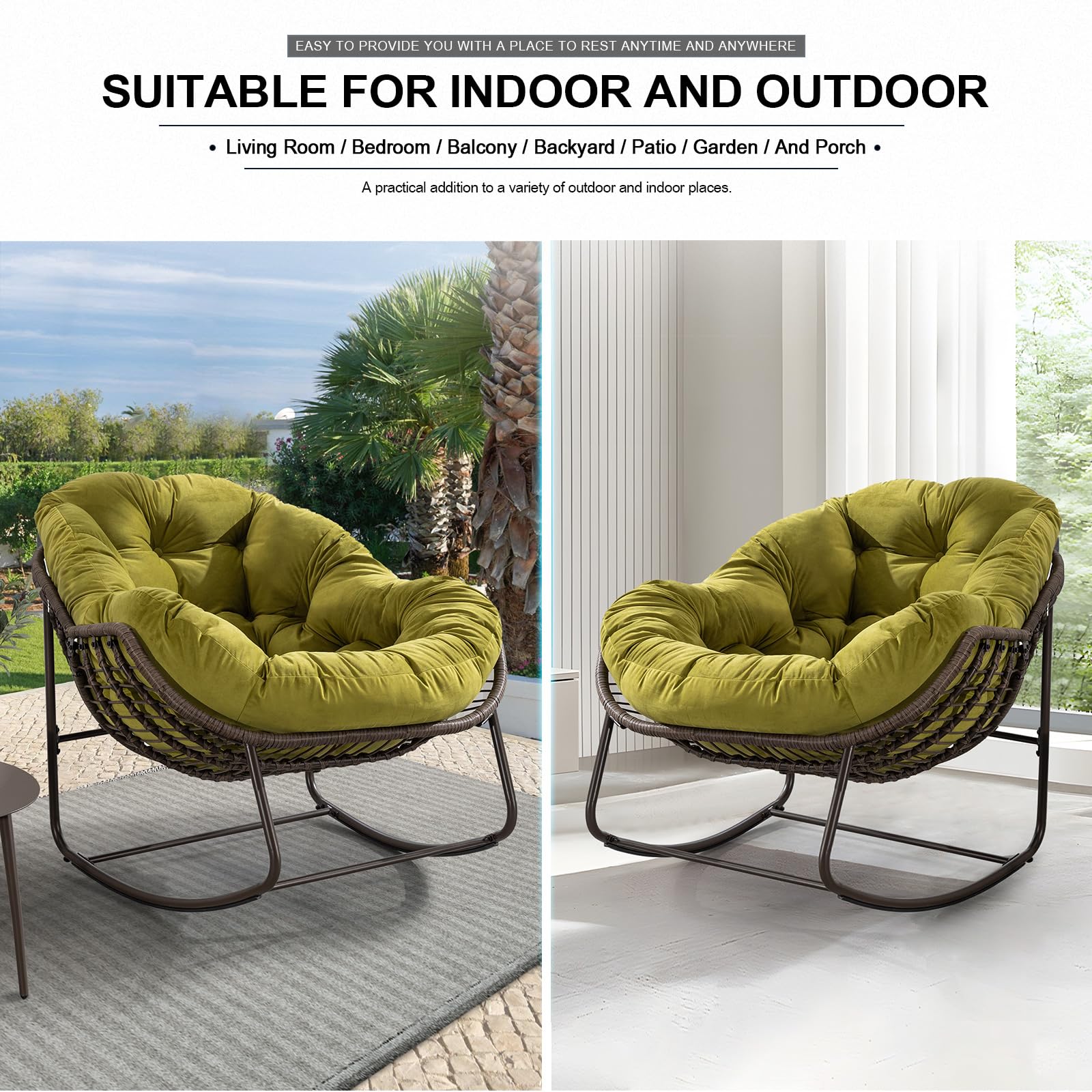 Outdoor Rocking Chair - Oversized Rattan Egg Rocking Chair with Padded Cushion, Modern Patio Lounge Chair for Front Porch, Garden, Backyard, Balcony & Deck - Olive Green - Perfect for Relaxing, Reading & Enjoying Outdoor Spaces