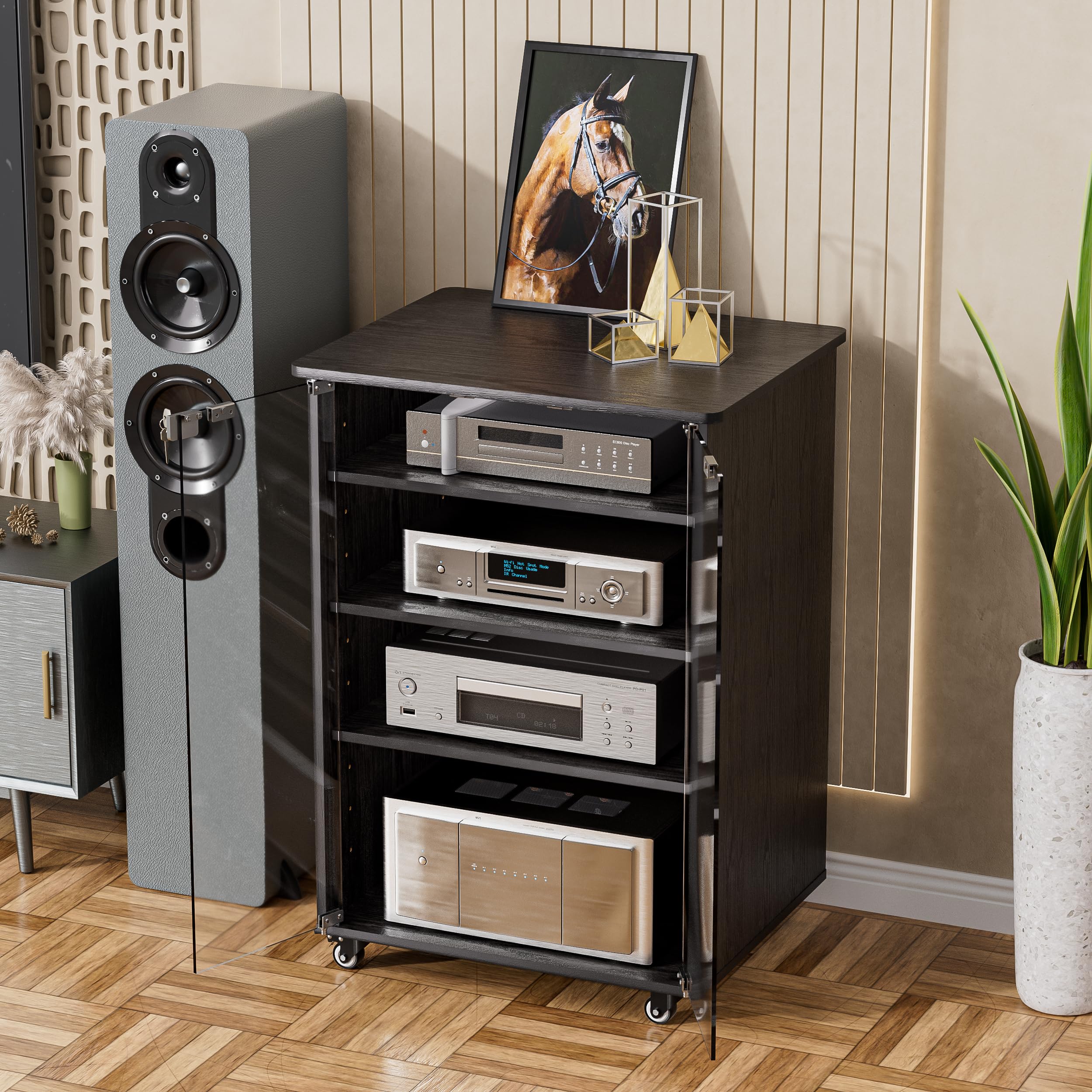 KCRET Adjustable Height Media Storage Cabinet - 4-Shelf Modern AV Stand with Glass Doors, Lock & Brake Wheels | Perfect for Living Room, Home Theater & Office Organization