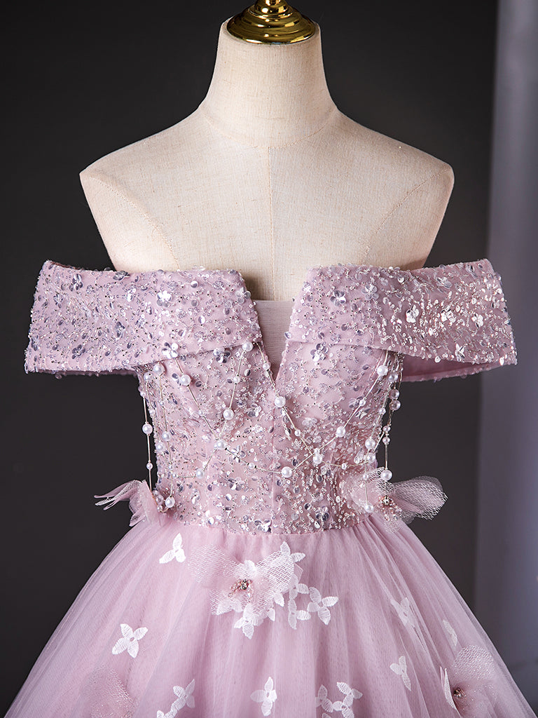 Elegant Off Shoulder A-Line Tulle Lace Pink Long Prom Dress for Women - Formal Evening Gown for Homecoming, Wedding, Ball & Special Occasions