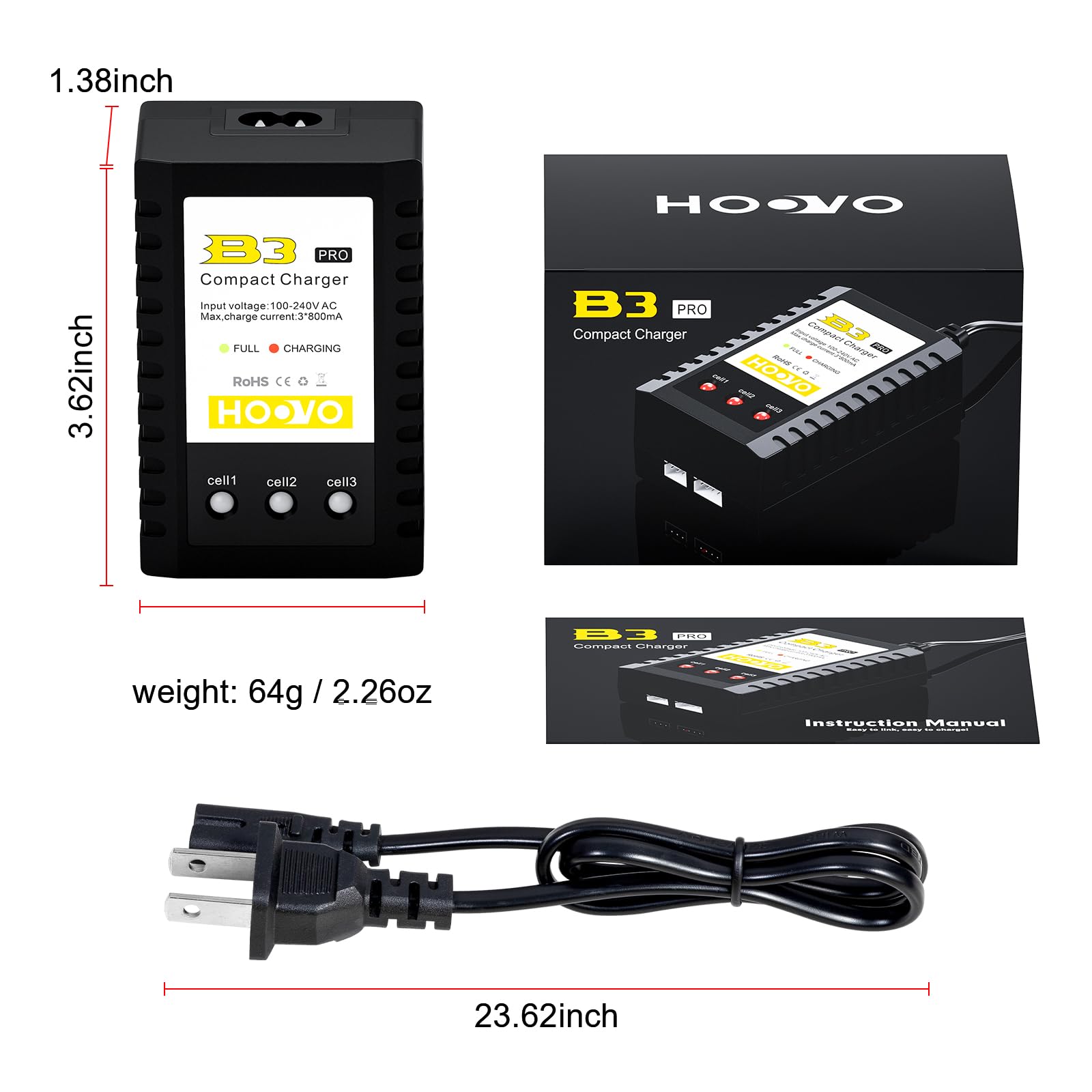 HOOVO B3 PRO Lipo Battery Charger for 2S-3S 7.4V-11.1V RC Drone Batteries - Compact Balance Charger for RC Cars, Drones, and Airsoft Guns - Fast Charging with Safety Protection