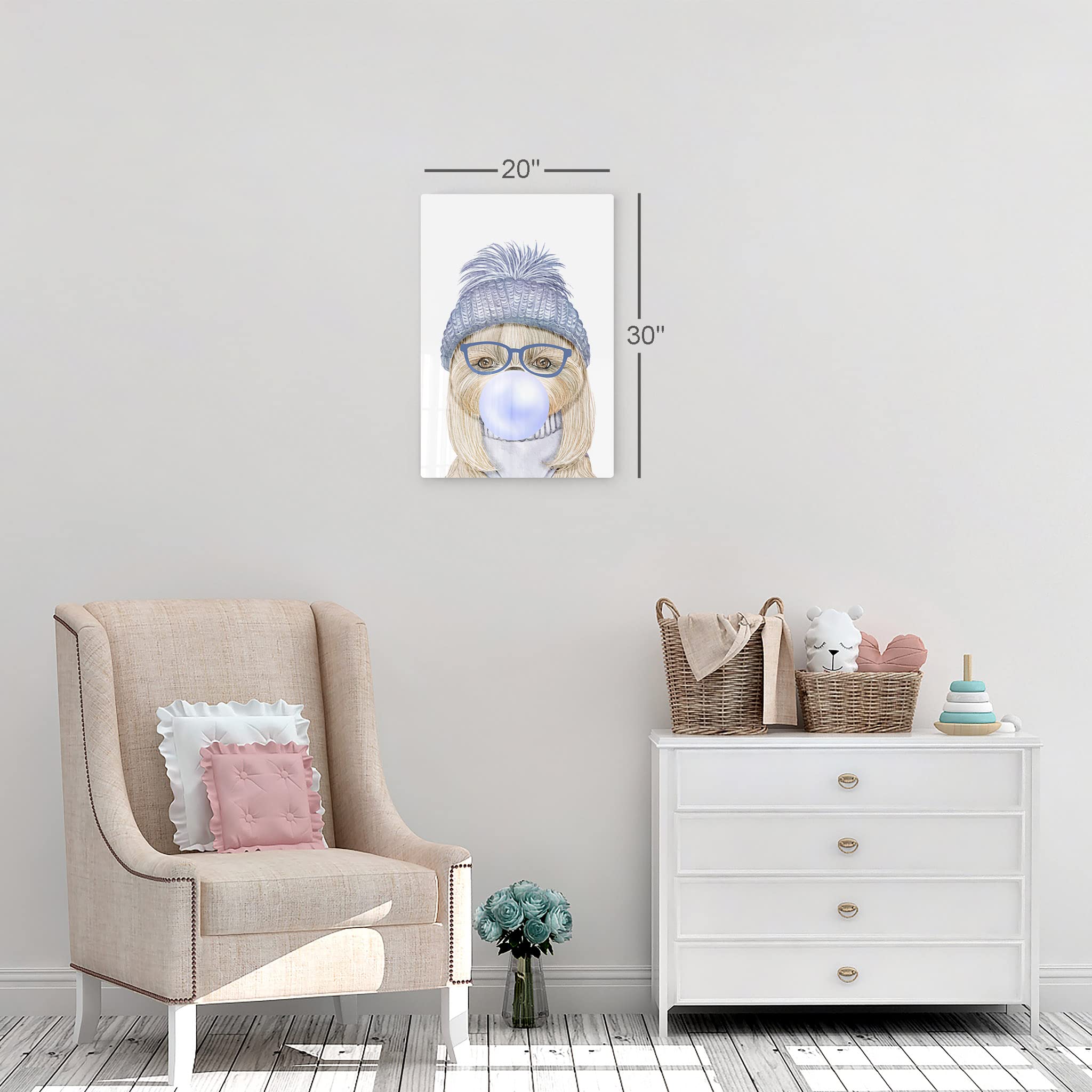 Smile Art Design Dog Portrait with Blue Hat Chewing Bubble Gum - Metal Wall Art Print for Pet Lovers, Pop Art Decor for Office, Living Room, Bedroom & Nursery (36x24) - Perfect Gift for Dog Owners & Animal Enthusiasts