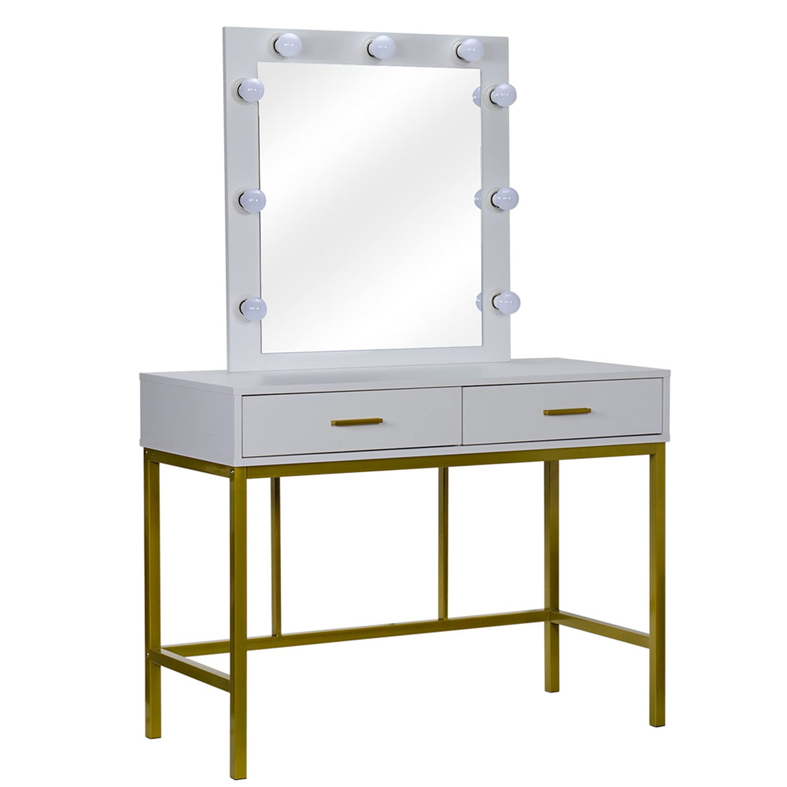 Mushugu White Steel Frame Dressing Table with Single Mirror, 2 Drawers & LED Lights - Perfect for Bedroom Makeup Vanity & Beauty Salon Decor