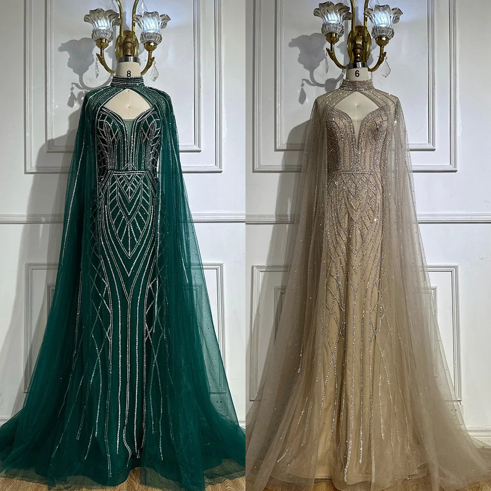 Luxury Dubai & Saudi Green Mermaid Evening Gown with Beaded Cape Sleeves - Arabic Formal Dress for Weddings, Galas & Special Occasions LA72838