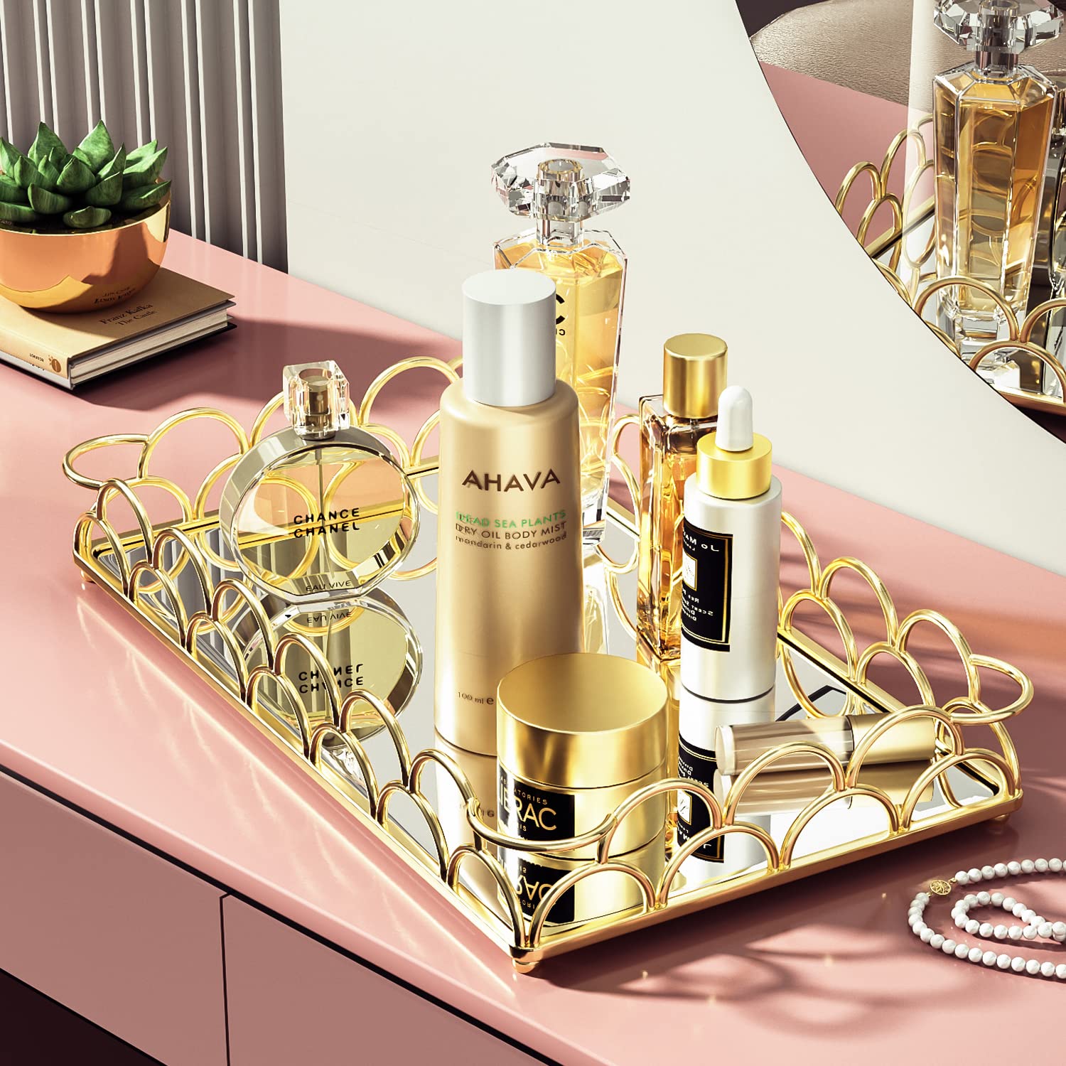 Gold Mirror Vanity Tray - Elegant Glass Jewelry & Makeup Organizer for Bathroom Counter, Dresser or Nightstand - Perfect for Perfume Display, Cosmetics Storage & Home Decor - Rectangular Decorative Tray for Vanity Table, Bedroom or Bathroom Organization