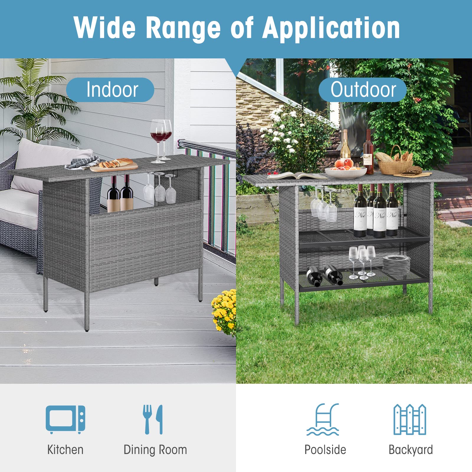 Tangkula Outdoor Wicker Bar Table - All-Weather Patio Bar Height Table with 2 Metal Mesh Shelves & 2-Rail Steel Stemware Racks - Rattan Bar Counter for Backyard, Poolside, Garden (Mix Grey) | Perfect for Outdoor Entertaining, BBQs, and Relaxing by the Pool