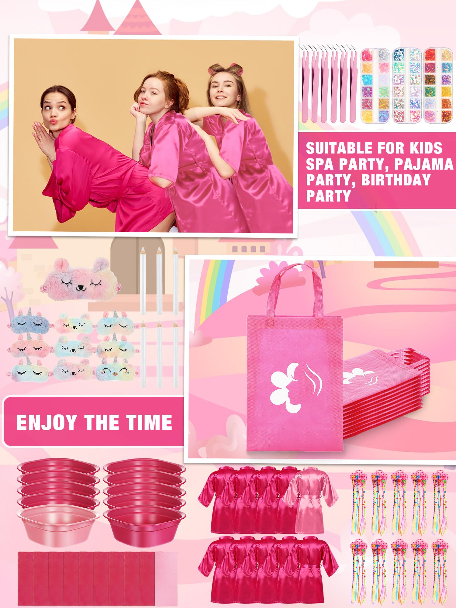Suhine 10-Piece Kids Spa Party Set - Girls Satin Robes & Nail Salon Kit for Birthday Party Favors | Perfect for DIY Spa Day, Sleepovers & Birthday Celebrations