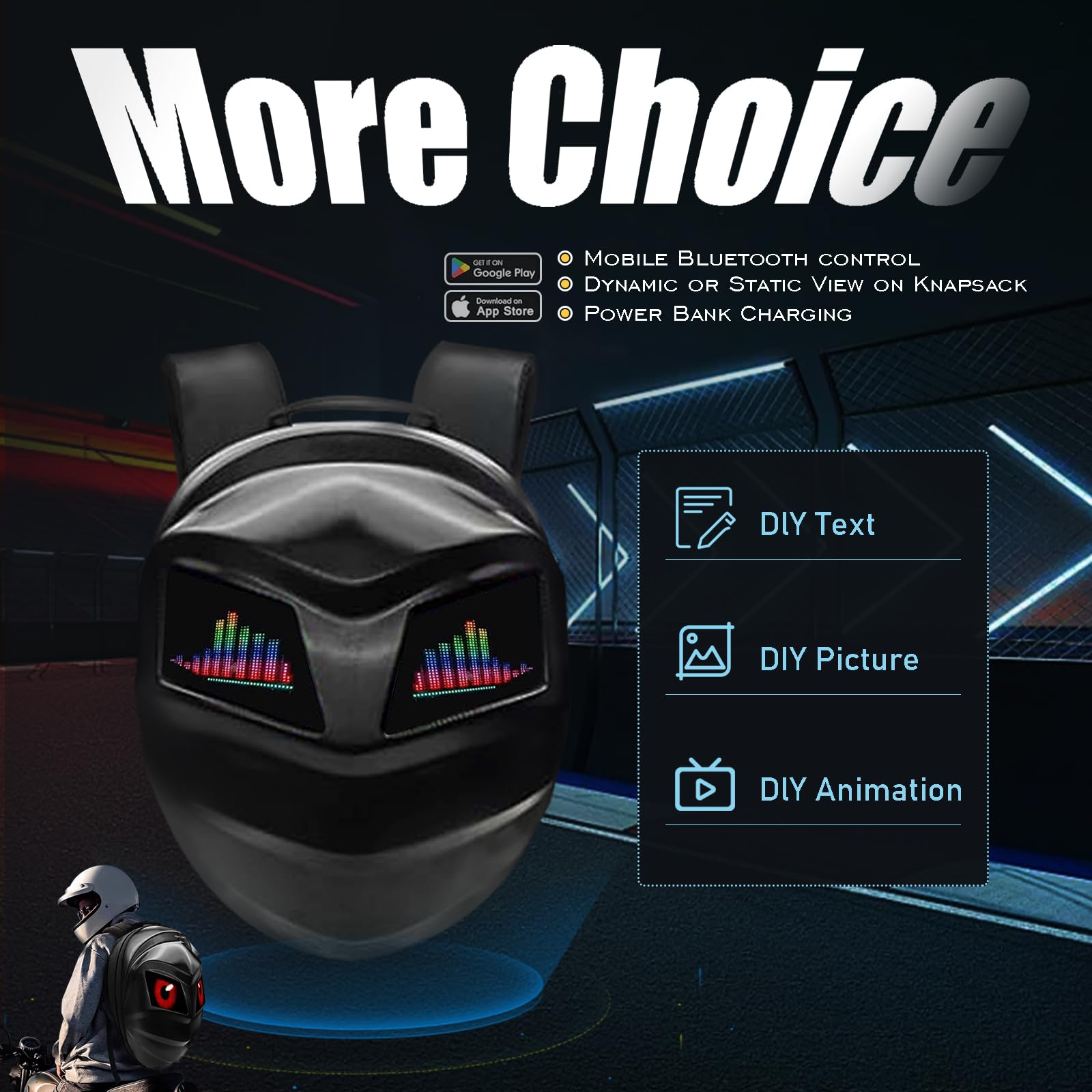 Programmable LED Backpack for Men - Waterproof Hard Shell Motorcycle Helmet Bag & Travel Laptop Shoulder Bag | DIY Motorbike Knight Wrap | Perfect for Riding, Commuting & Adventure Travel (Black)