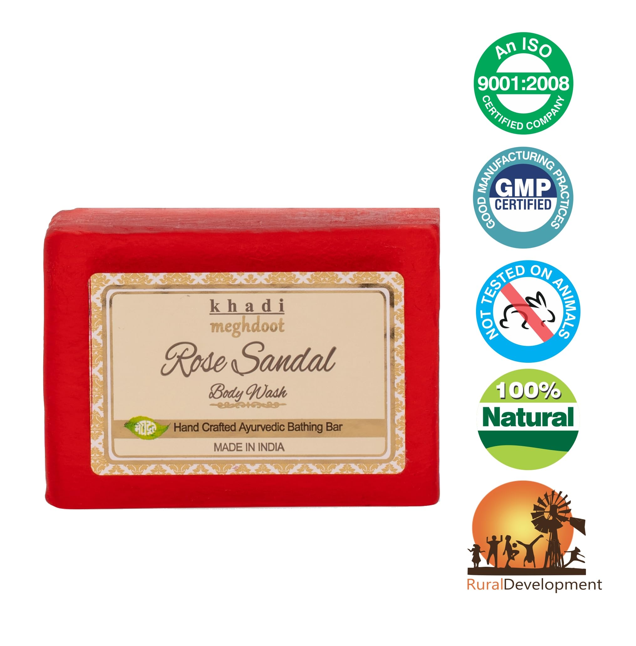Meghdoot Rose Sandal Body Wash Soap 125gm Combo Pack (4 Bars) - Handmade Ayurvedic Soap for Dry Skin - Natural Moisturizing Bath Bar with Rose & Sandalwood Extracts | Perfect for Daily Shower, Spa Day & Gift Sets