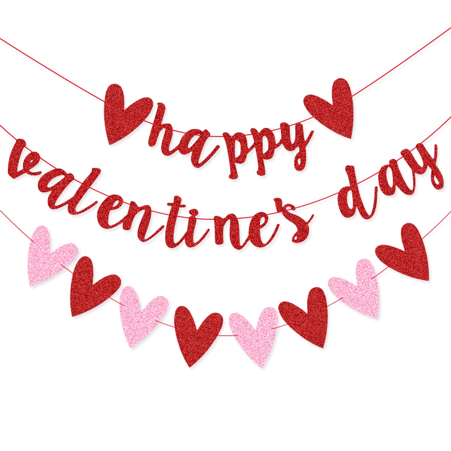 XIANMU 10ft Red Glitter Valentine's Day Banner & Pink Heart Garland - Reusable Party Decor for Valentine's, Weddings, Anniversaries & Romantic Home Decor