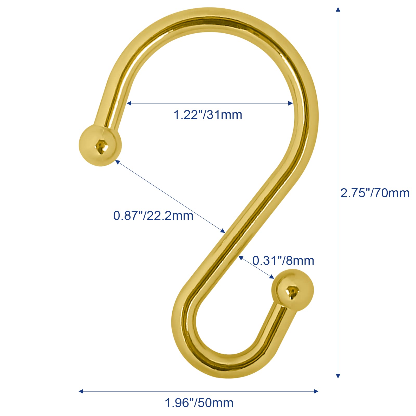 12 Pack Rust-Proof Metal Shower Curtain Hooks - Gold S-Shaped Hangers for Bathroom, Kitchen & Closet - Durable Curtain Rings for Showers, Towels, Clothes & Utensils (Perfect for Home, Dorm & RV Use)
