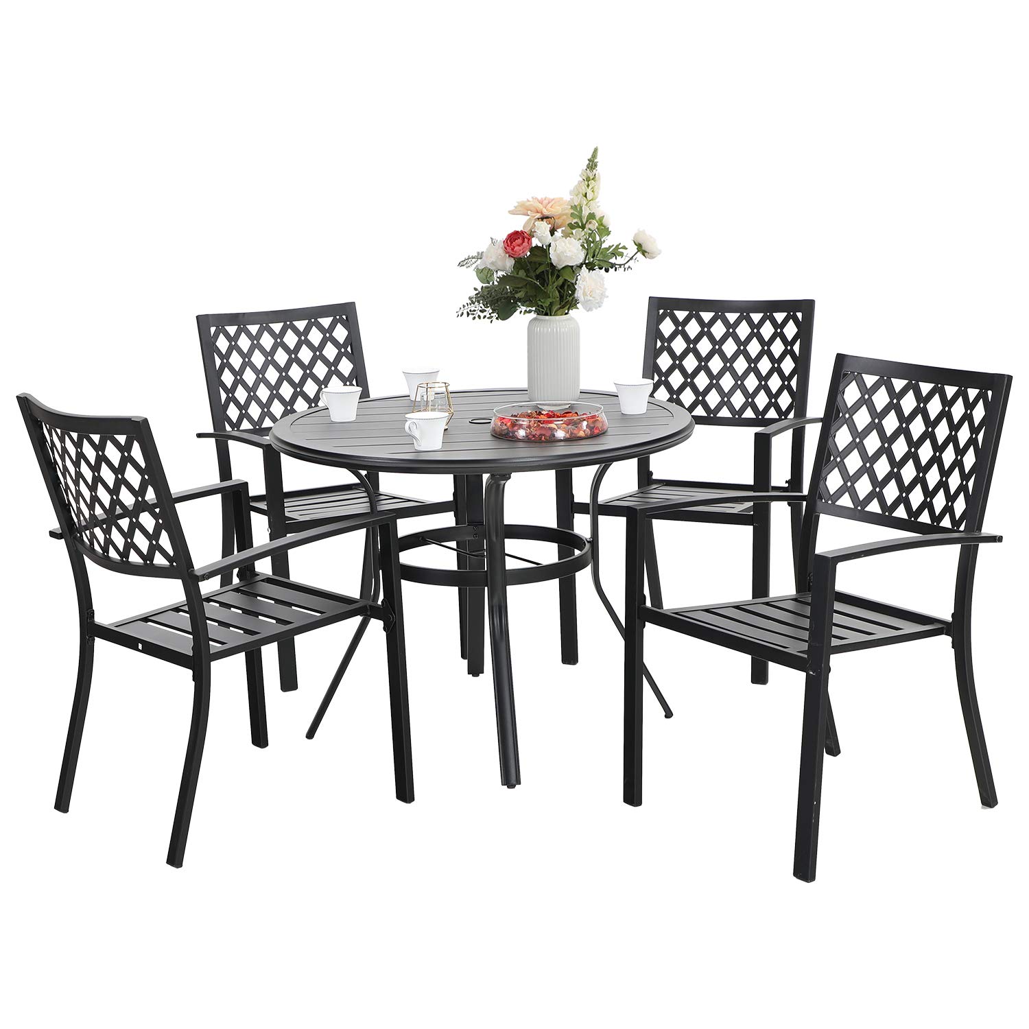 Sophia & William 5-Piece Black Outdoor Dining Set - Round Bistro Table with 4 Stackable Metal Chairs for Patio, Deck, Garden & Backyard | Weather-Resistant Outdoor Furniture for Entertaining & Relaxation