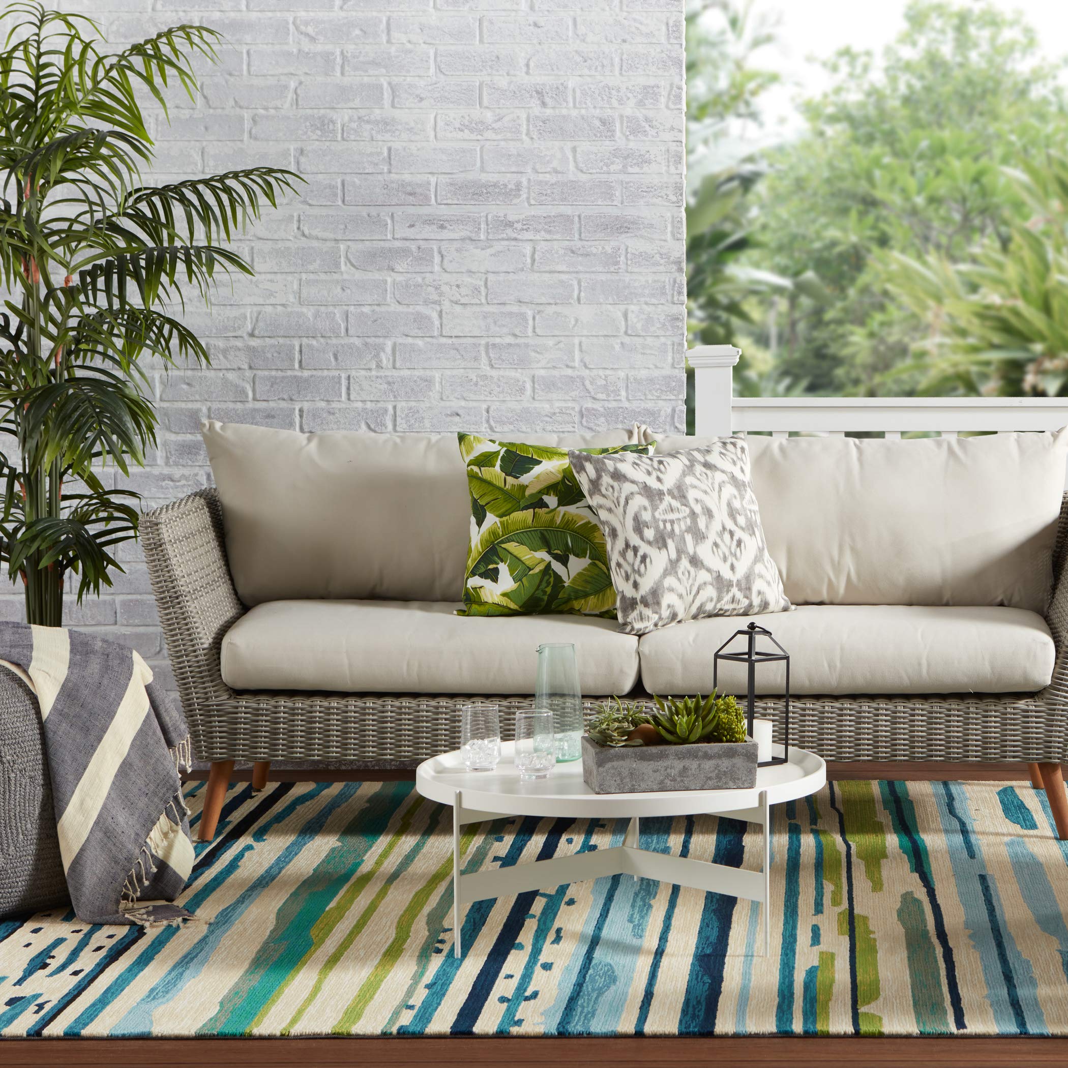 Jaipur Living 4x6 Outdoor Area Rug - Blue & Green Striped Patio Rug for Garden, Deck, and Poolside Decor