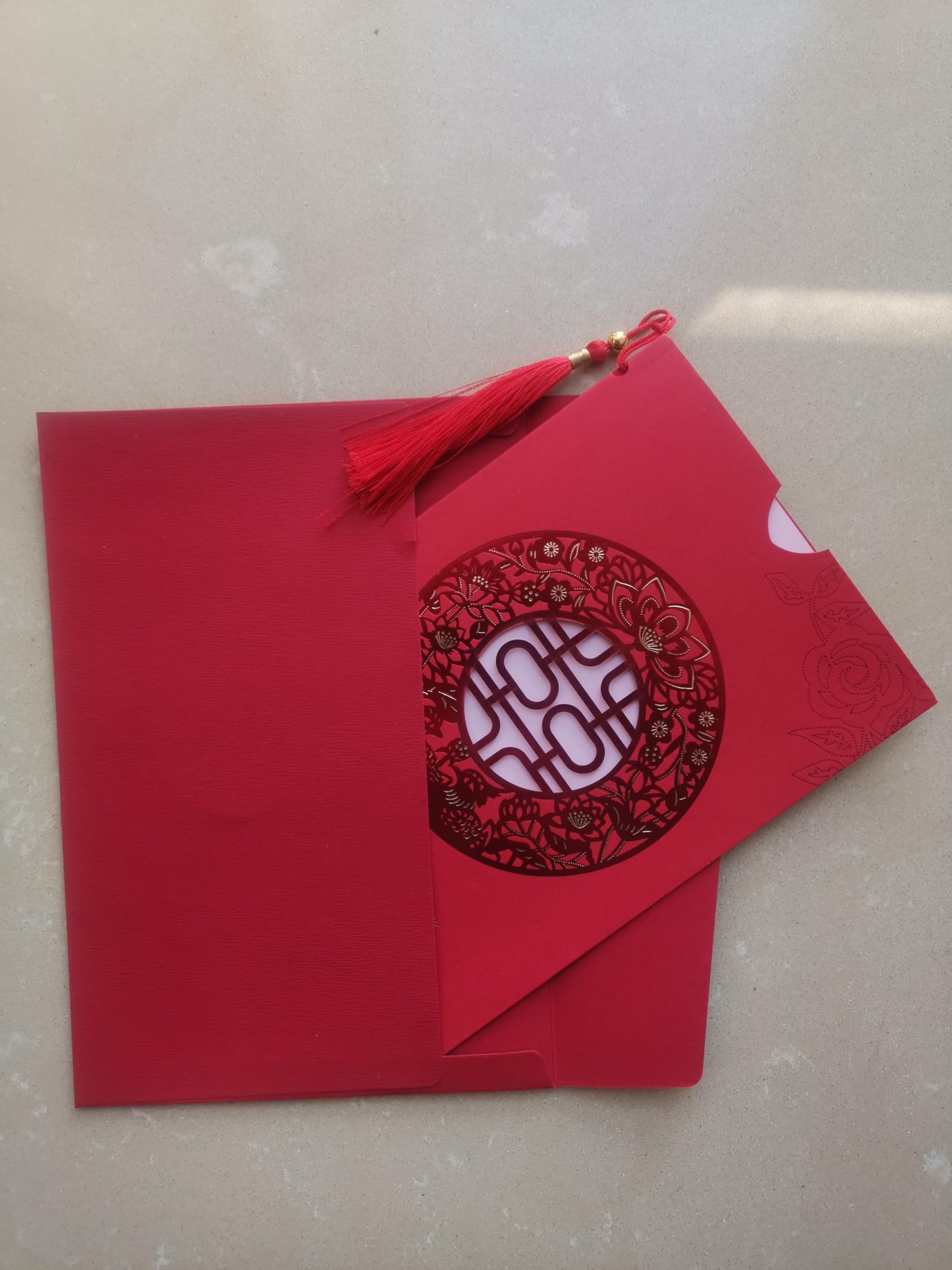100Pcs Chinese Red Double Happiness Tassel Wedding Invitation Cards with Envelopes - Elegant Engagement & Marriage Invites for Traditional Asian Ceremonies