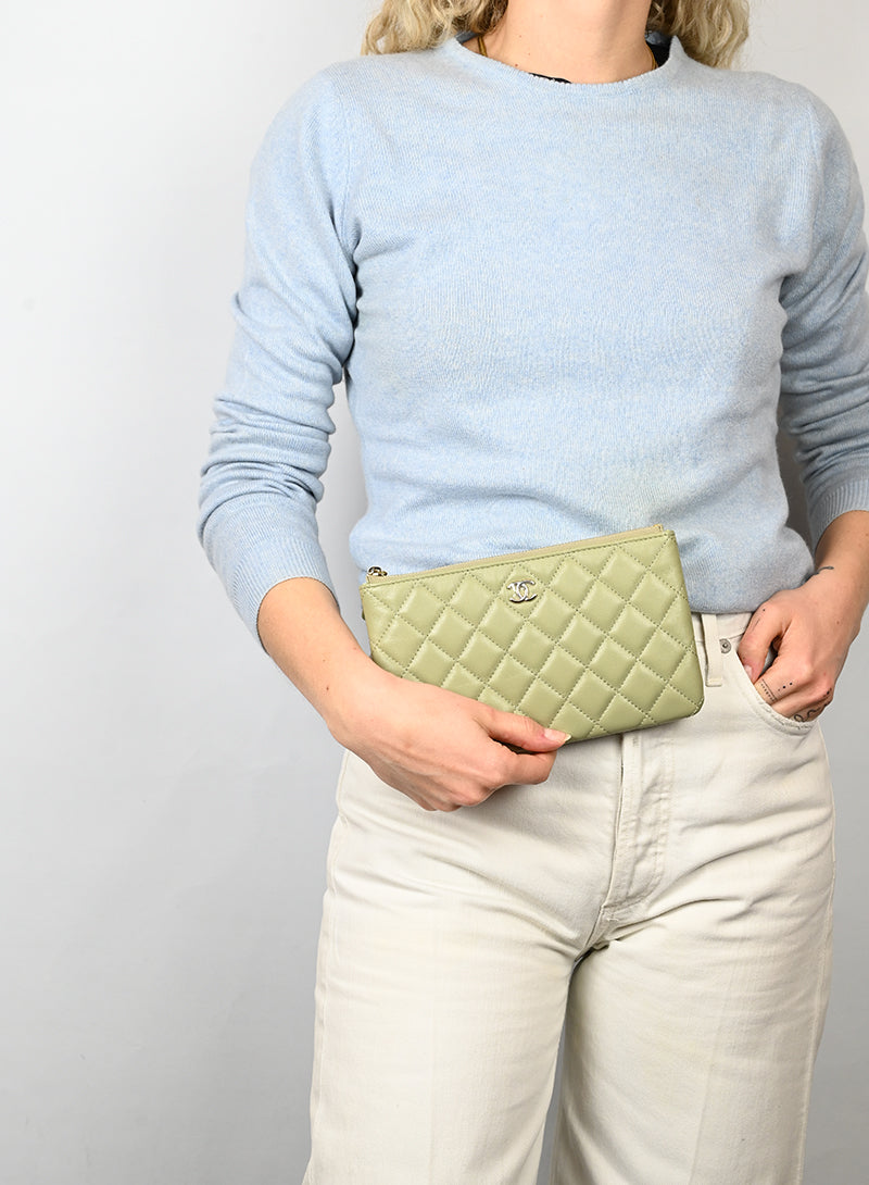 Chanel Green Sage Leather Pochette Bag - Elegant Crossbody Clutch for Women, Perfect for Parties & Evening Events