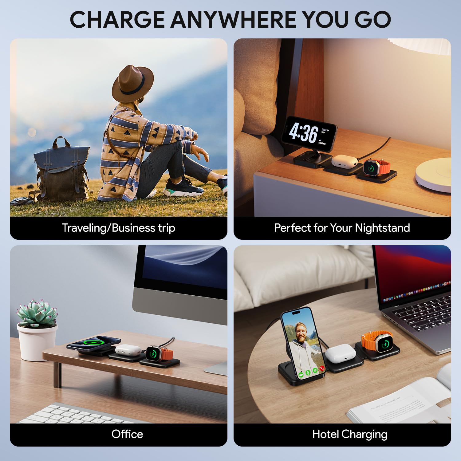 Hinyx 3-in-1 Magnetic Wireless Charging Station - Foldable Portable Travel Charger for iPhone 15/14/13/12 - Perfect for Home, Office & Travel Use