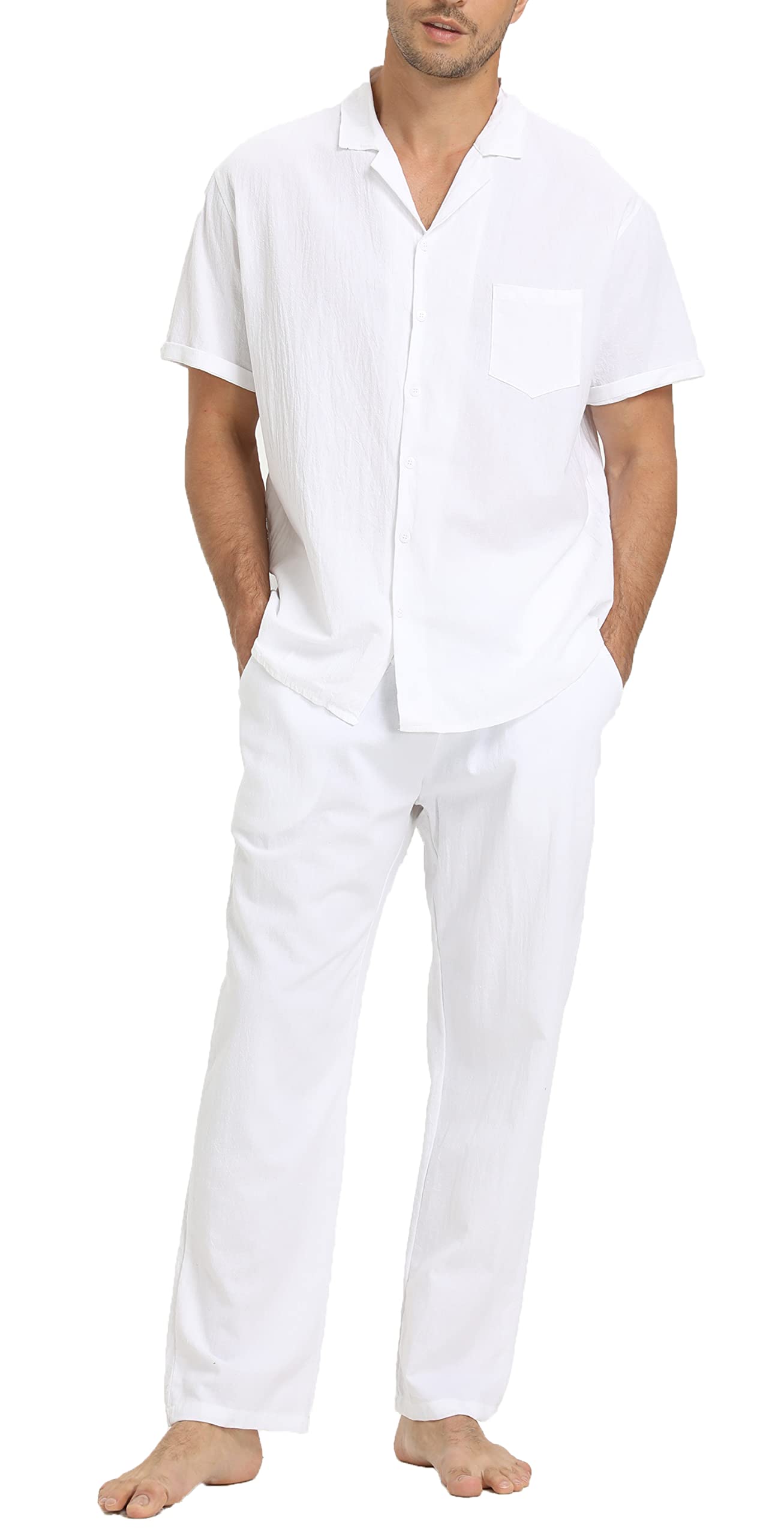 RPOVIG Men's Linen Shirt & Pants Set - 2 Piece Short Sleeve Linen Outfit for Yoga, Beach, Wedding | Breathable Summer Casual Wear for Men